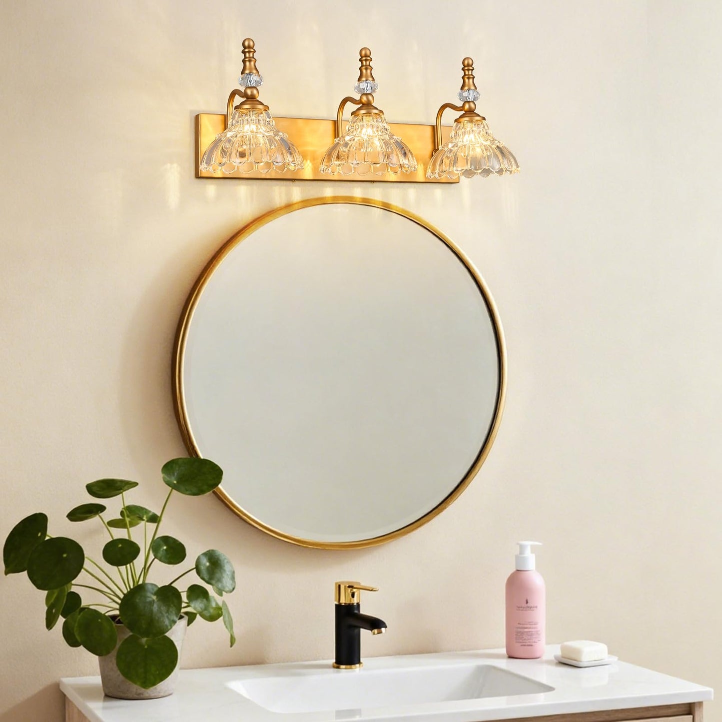 Lbsqj Vintage Bathroom Vanity Light 3-Light Brass Vanity Lighting Fixture With Flower Glass Shade Bathroom Lighting Fixtures Over Mirror