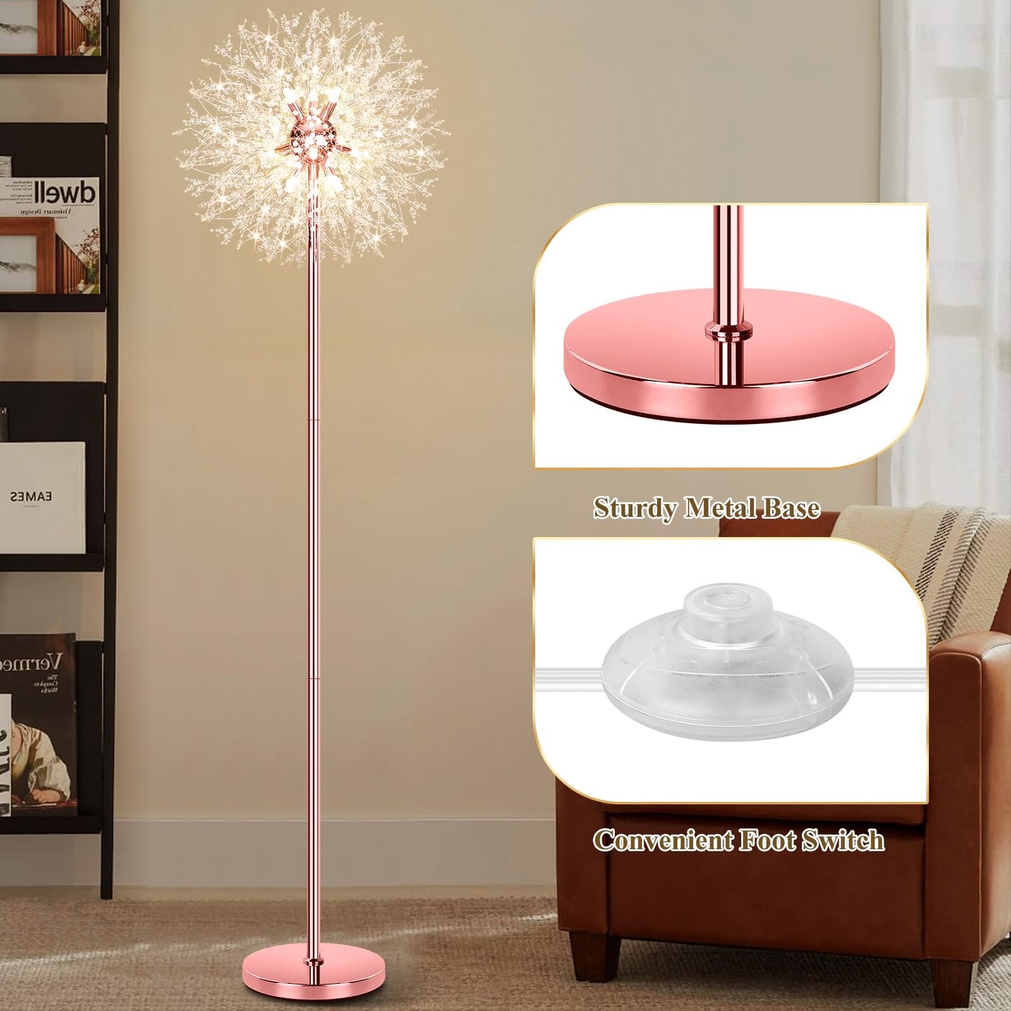 Beslowe 69 Crystal Floor Lamp For Living Room Modern Standing Lamp With 738Pcs K9 Crystals Tall Lamp Pole Light For Bedroom Office Mid Century Floor Lighting With 9 Led Bulbs Rose Gold