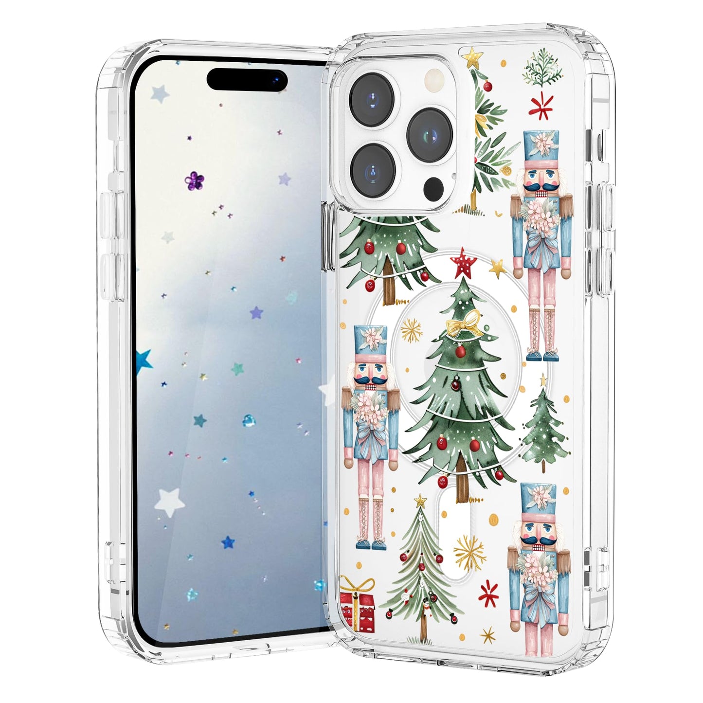 VibrantFruitique Christmas Case for iPhone 16,Nutcracker Xmas Tree Clear Magnetic Case,Compatible with MagSafe,Soft TPU Bumper S