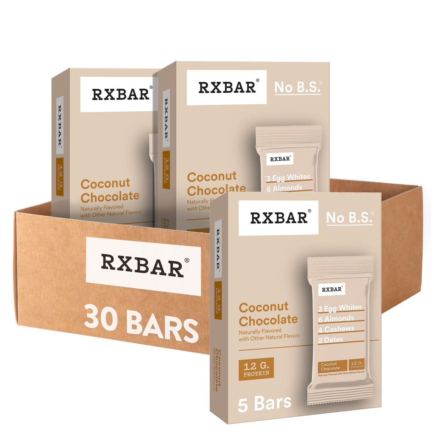 RXBAR Protein Bars 12g Protein Gluten Free Snacks Coconut Chocolate (6 Boxes 30 Bars)