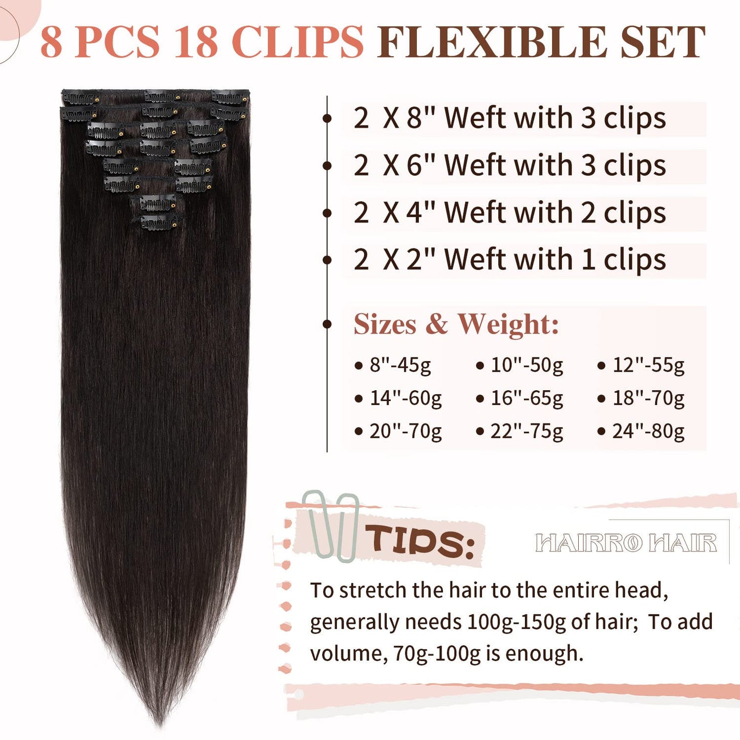 Hairro 100% Real Human Hair Clip in Hair Extensions 12 Inch Short #1B Natural Black 55g Thin 8 Piecs 18 Clips Straight Clip on H