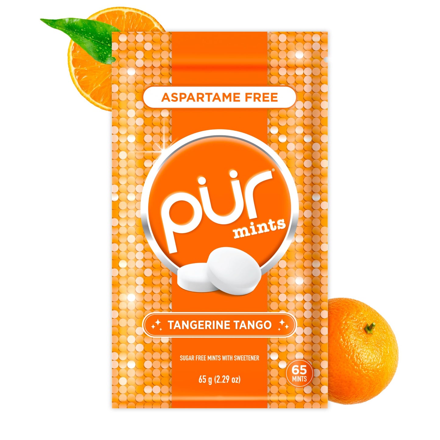 PUR Mints | Aspartame Free Breath Mints | Made with Xylitol | Sugar Free Vegan Gluten Free | Natural Tangerine Tango Flavor | 65 Pieces in Re-Sealable pouch (Pack of 1)
