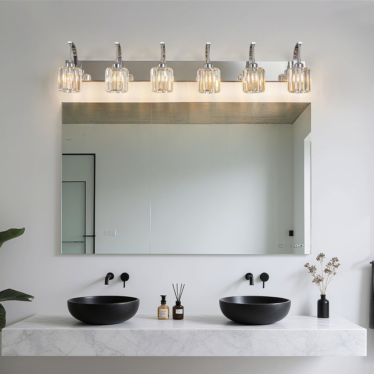 Fdpby 6-Light Crystal Vanity Light Chrome Modern Wall Sconce With K9 Crystal Shades 51.18 Long Over Mirror Lighting For Bathroom Makeup Hallway Elegant & Easy Install