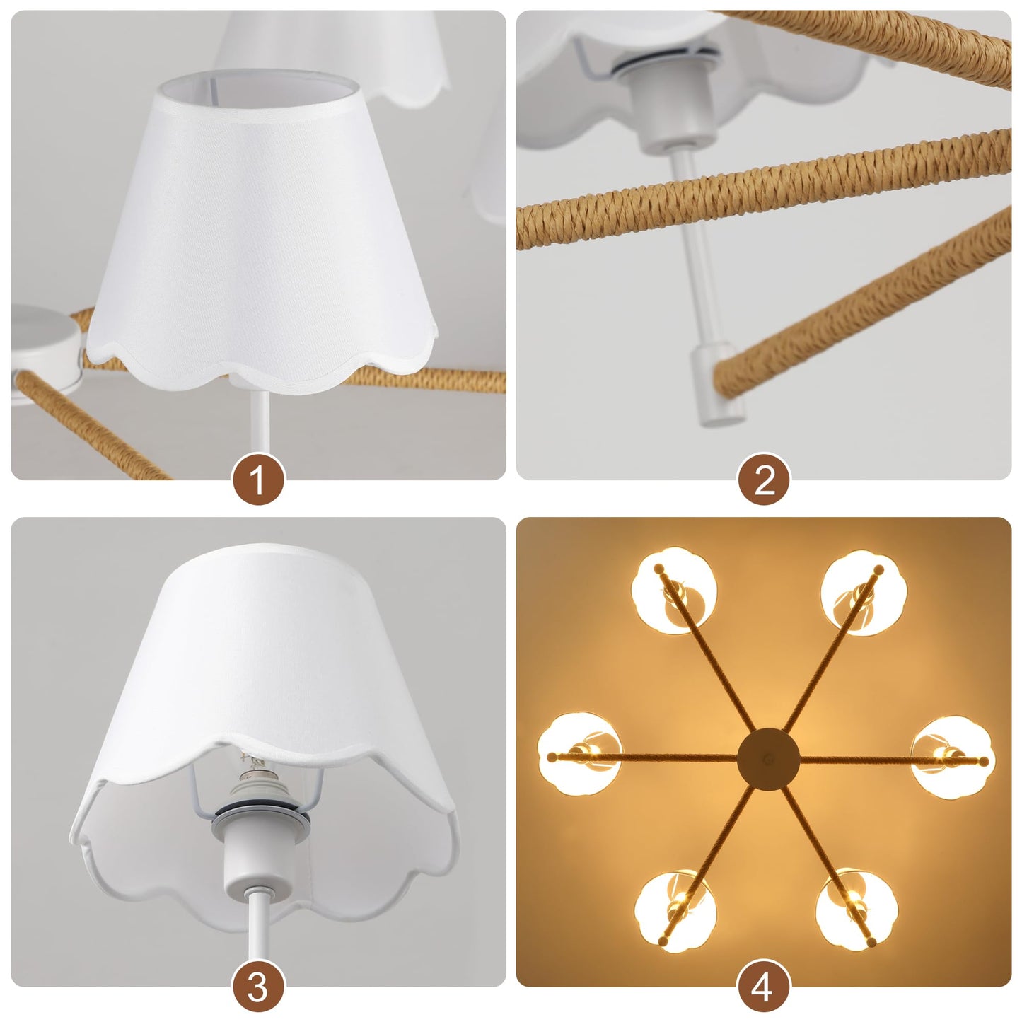 Farmhouse Rattan Chandelier With White Fabric Shade 6-Light Boho Chandeliers For Dining Room Adjustable Rustic Pendant Light 37.5 Modern White Hanging Lighting For Kitchen Island Living Room