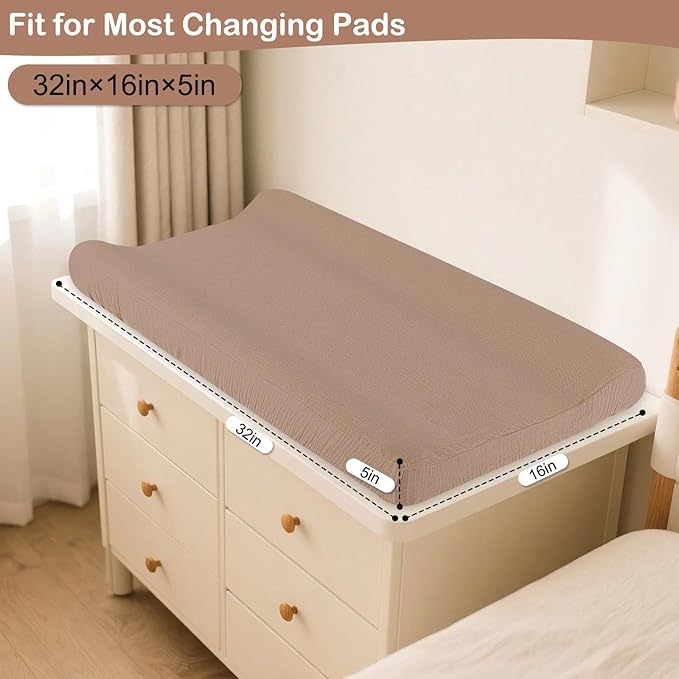 Basumee Muslin Changing Pad Cover Waterproof 2 Pack Baby Changing Table Covers for Boys and Girls Soft Breathable Nursery Diaper Change Table Cover Pad Fits 32"x16", Lvory and Brown