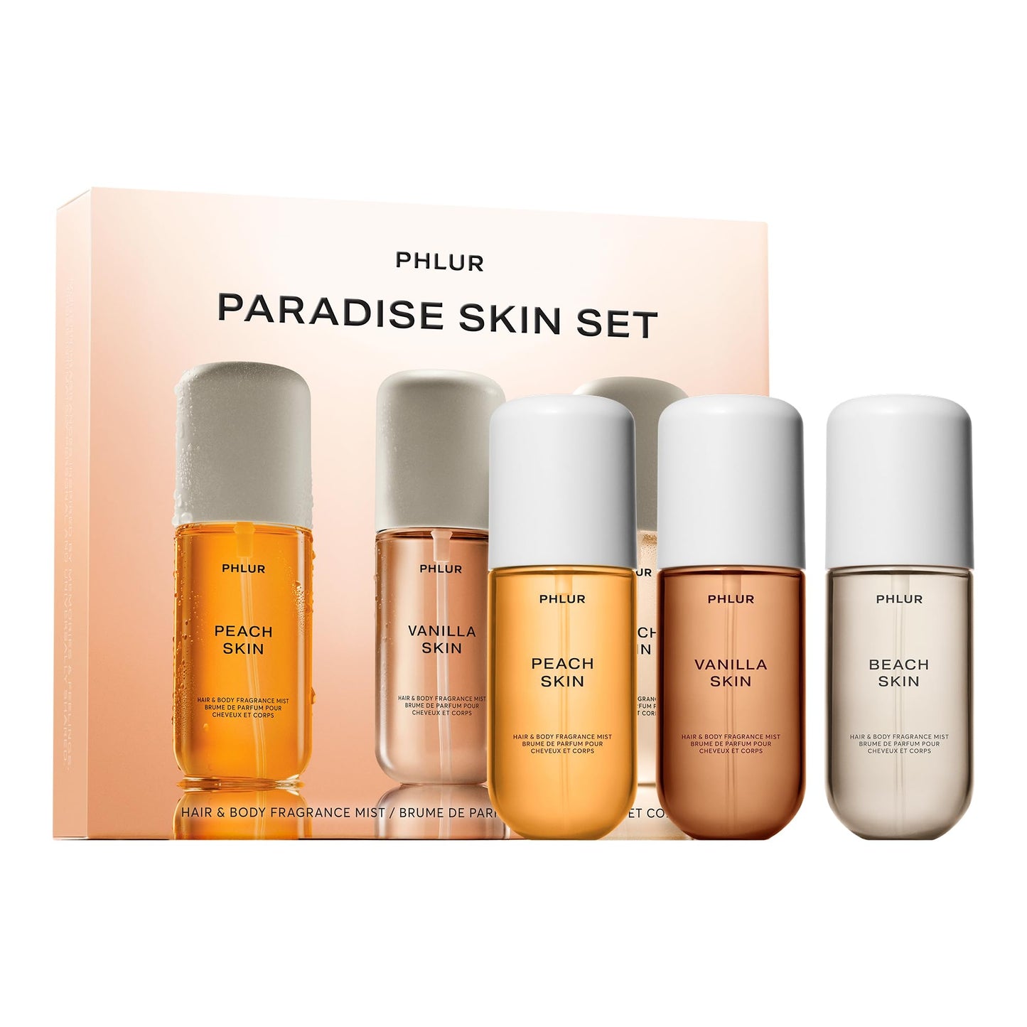 PHLUR Paradise Skin Set - Travel Size Body Mist Gift Set - Peach Skin, Vanilla Skin, & Beach Skin - Travel Size Hair and Body Fr