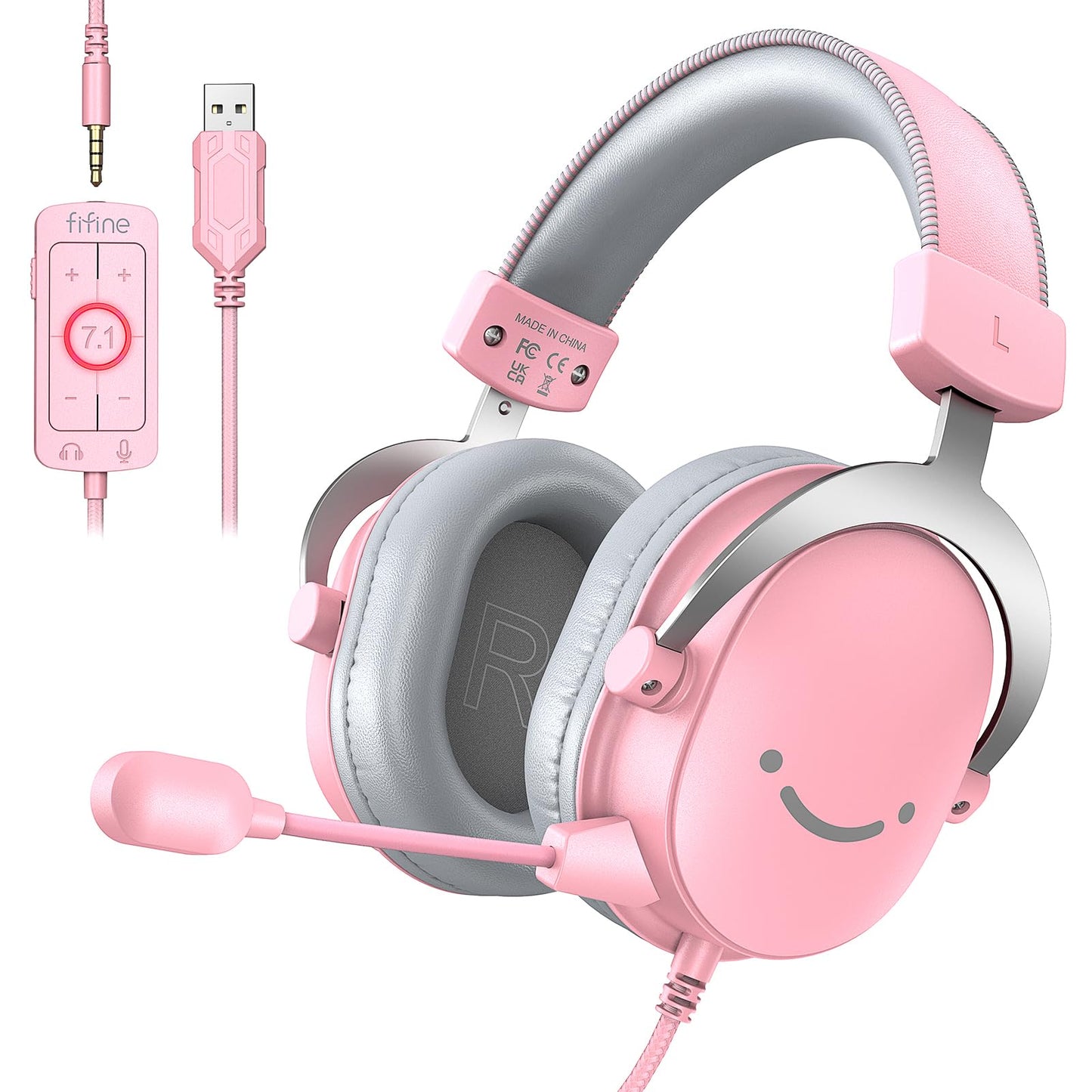 FIFINE USB Gaming Headset, PC Over-Ear Wired Streaming Headset with 3.5mm Jack, Detachable Microphone, 7.1 Surround Sound, Contr