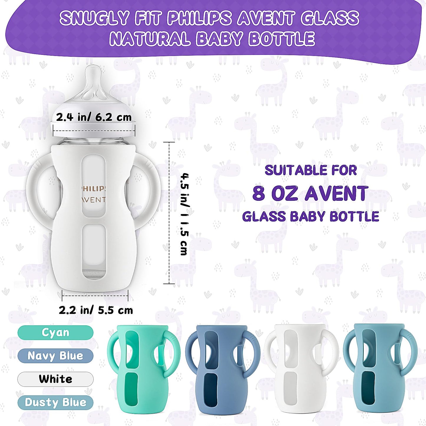 Desing Wish 4 Pack 8oz Silicone Sleeves with Handles for Avent Glass Natural Baby Bottles, Anti Breakage Protective Sleeves Compatible with Philips Avent Glass Baby Bottle 8 oz - Standard