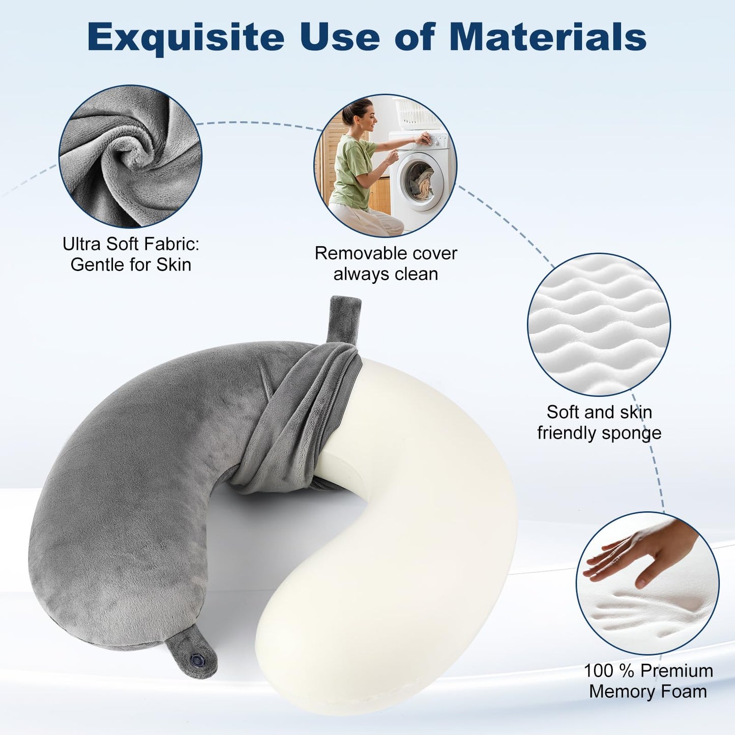 GDEOUP Travel Pillow 100% Pure Memory Foam Neck Pillow Airplane for Traveling,Car, Train,Napping,Traveling,Washable Cover (Grey)