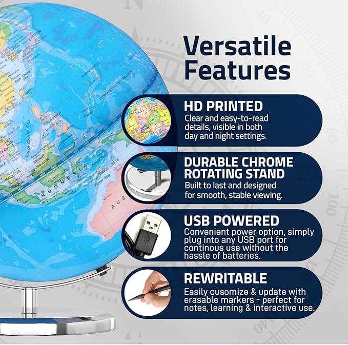 LED Illuminated World Globe with Chrome Rotating Stand – 3-in-1 Educational Tool for Kids & Adults, Interactive Learning Globe with Constellation Map, Lighted Display, 14 Inch