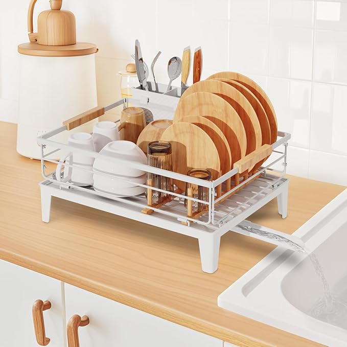 JYPS Dish Drying Rack for Kitchen Counter Decor with Drainboard Auto-Drain,Rustproof Dish Rack Drainers with Utensil Holder, Wooden Handles,360° Rotatable Drainer, Higher Legs (White)