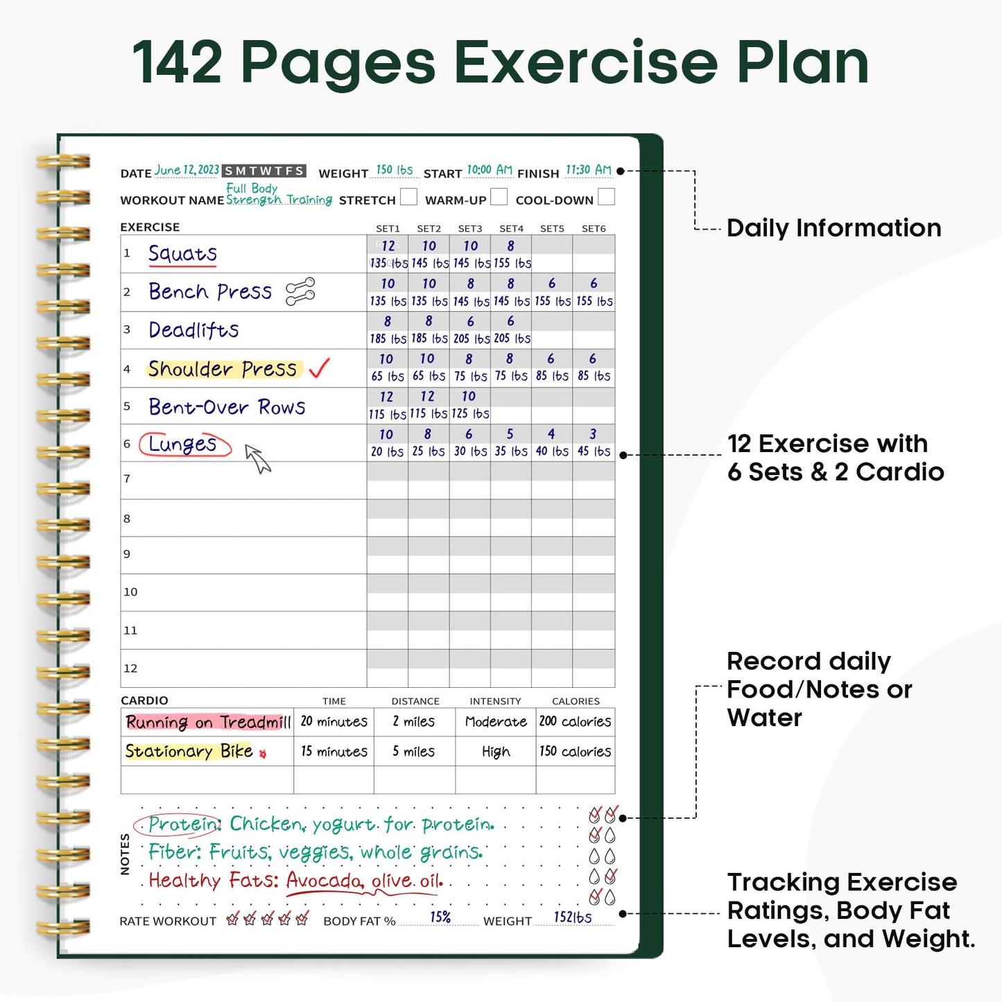 Fitness Workout Journal for Women & Men, A5(5.5" x 8.2") Workout Log Book Planner for Tracking, Progress, and Achieving Your Wellness Goals-Dark Green