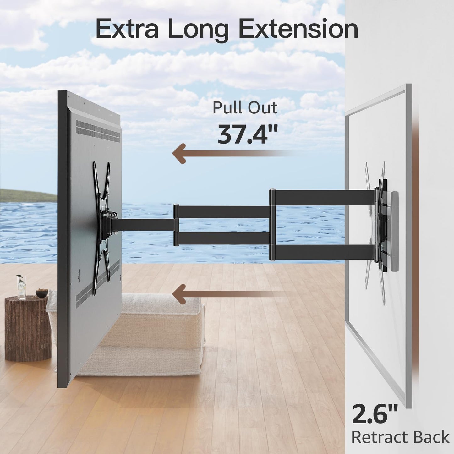 ELIVED Outdoor Long Arm TV Wall Mount for Most 26-65 Inch TVs, 37.4 Inch Long Extension TV Mount Swivel and Tilt, Max VESA 400x400mm, Full Motion Weatherproof Wall Mount tv Bracket Holds up to 77 lbs.