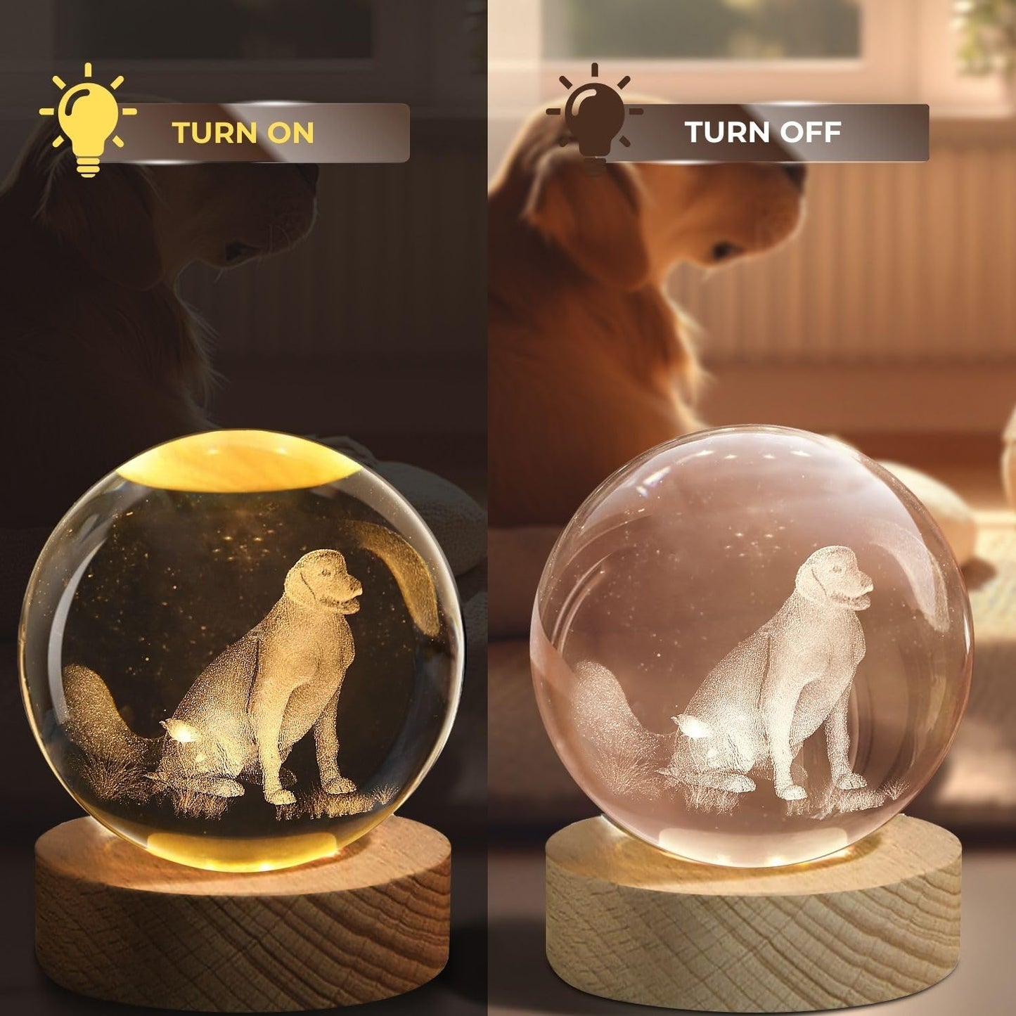Flexzion 3D Dog Crystal Ball Night Light - Led Light Hologram Glass Lamp W/Solid Wood Base Usb Powered Crystal Ball Lamp W/Adjustable Brightness For Home Decor Display Gift 3.15 Inch (80Mm)