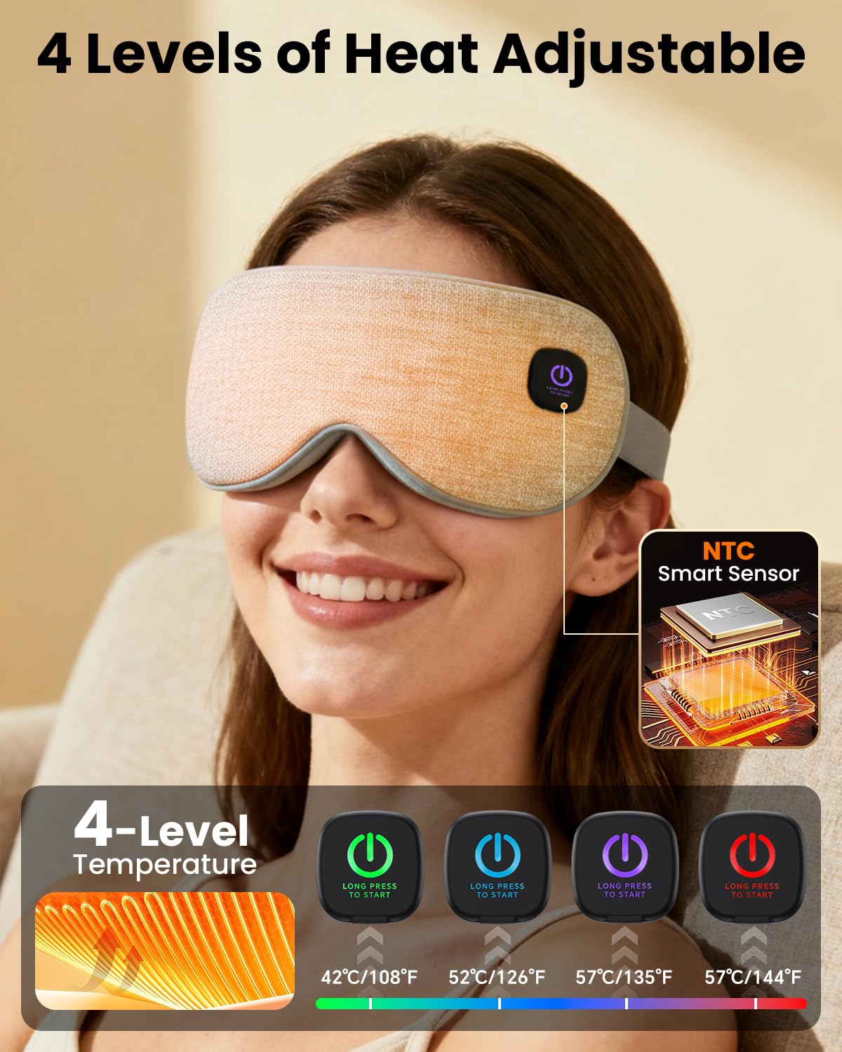 Heated Eye Mask - Cordless Eye Mask for Dry Eyes, Eye Relief, Improved Sleep, 4 Temperature, Washable Eye Heating Pad for Travel and with Replaceable Shell, Gifts for Women