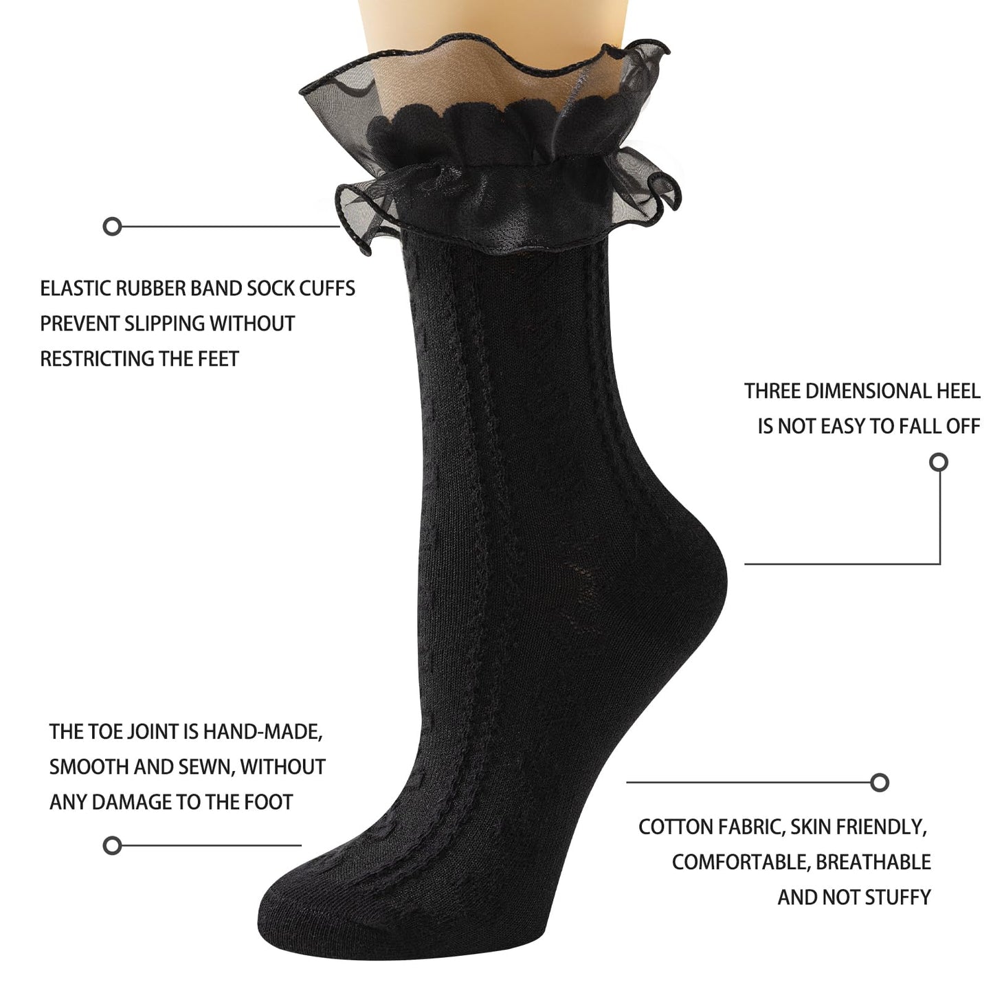 AMHRLINGTO Women Lace Socks Ruffle Frilly Socks - Comfortable Cotton Cute Socks Princess Lolita for Ladies Gril (US, Numeric, 5, 8, Regular, Regular, White - 3 pairs)