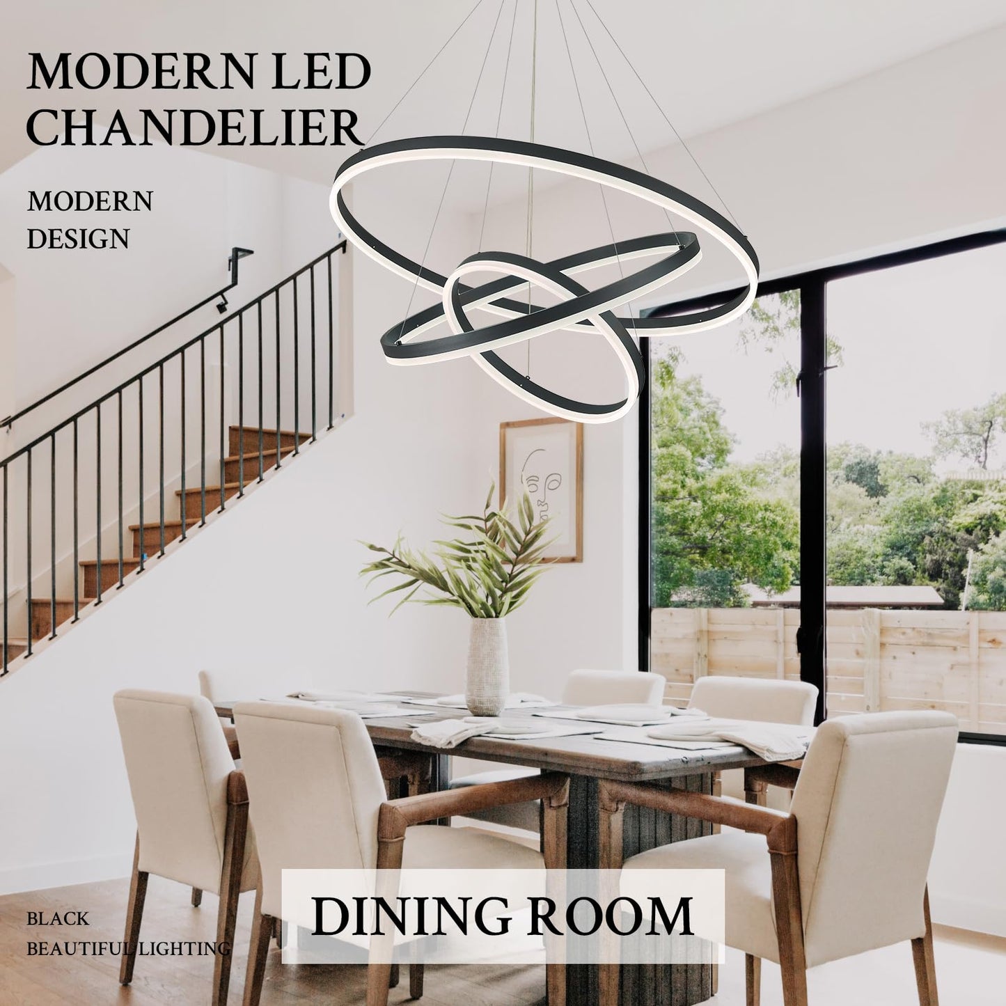 Sparklelf LED Chandelier, Dimmable Pendant Light, 3 Rings 31.5in, Black, Model SE-P60-3BDC1, Remote Control, 3000K-