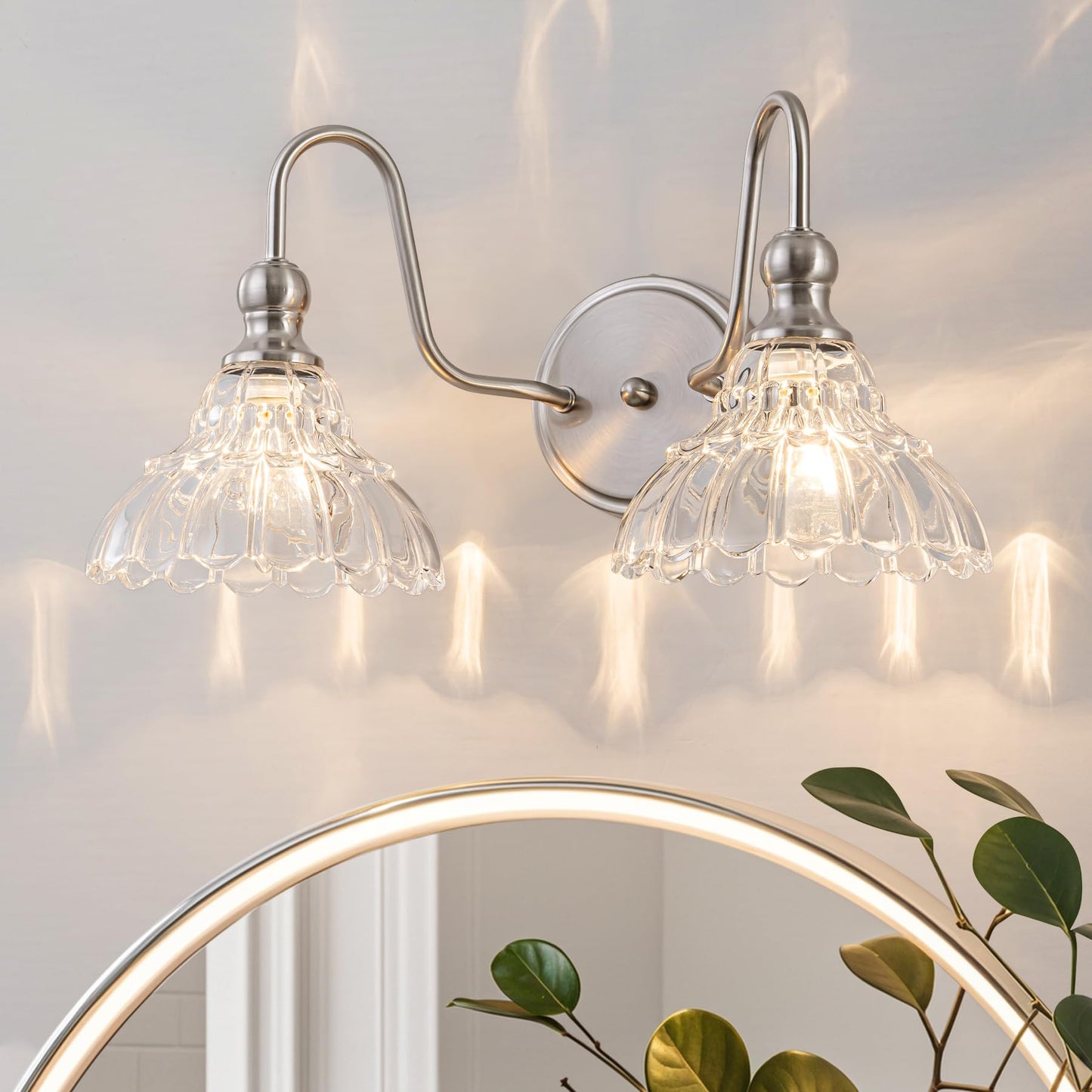 Brknit Vintage Bathroom Light Fixtures Over Mirror 2-Light Brushed Nickel Wall Sconce Lighting With Flower Glass Shade Farmhouse Vanity Lights For Bedroom Kitchen Living Room Hallway Light