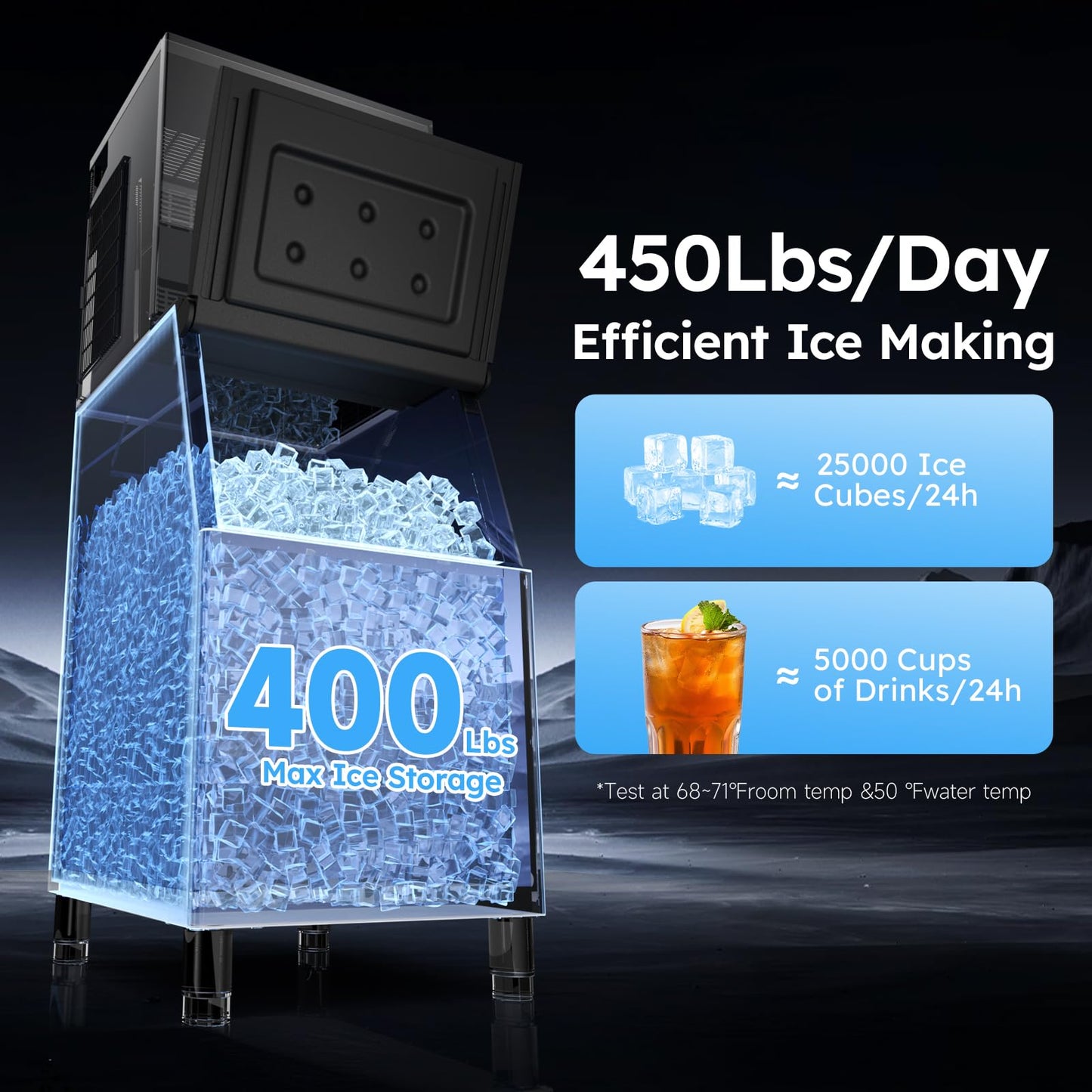 Commercial Ice Machine 450LBS/24H,Storage 400LBS,Large Industrial Ice Maker,Ice Ready in 5-15min,with Self-Cleaning Mode,with Timing Function,30 Levels of Ice Thickness Adjustment,Stainless Steel