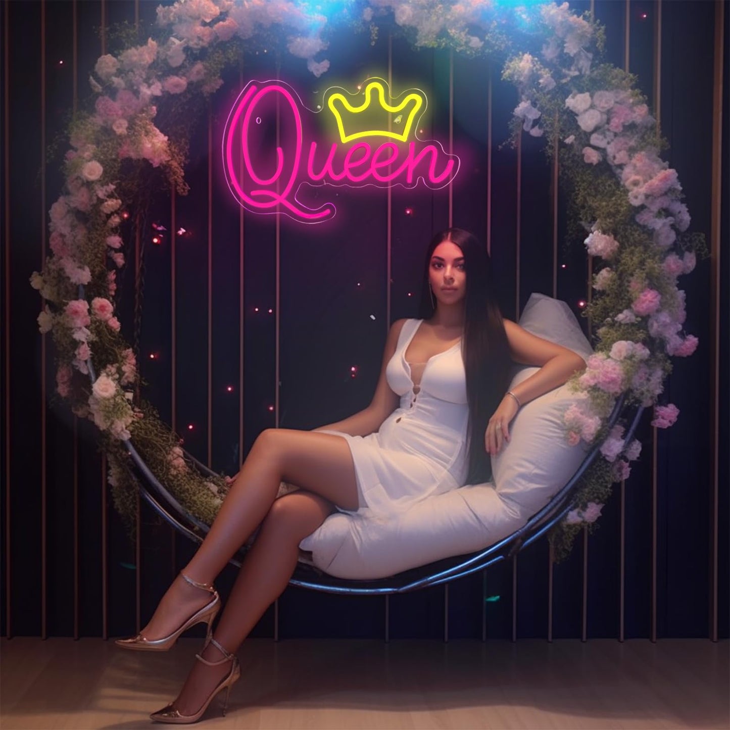 Queen Neon Signs Beautiful Pink Led Neon Lights Dimmable Led Light Sign For Girls Room Birthday Party Bedroom Lady Gifts Wali Decoration Pink + Yellow