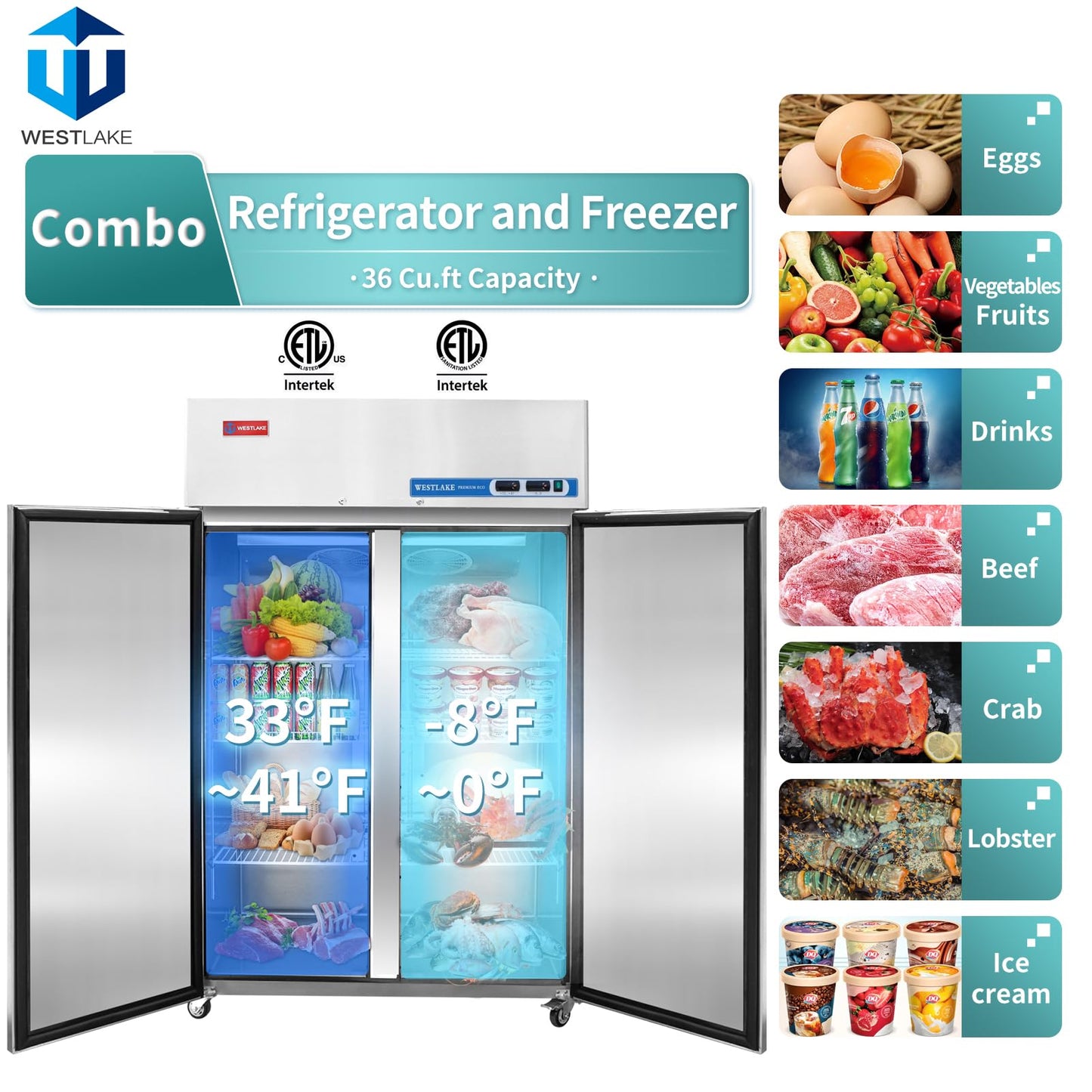 WESTLAKE Commercial Refrigerator and Freezer Combo 48"W 2 door 2 Section Stainless Steel Reach in Solid door Fan Cooling 36 Cu.ft Refrigerator and Freezer Combo for Restuarant, Bar, Shop, etc