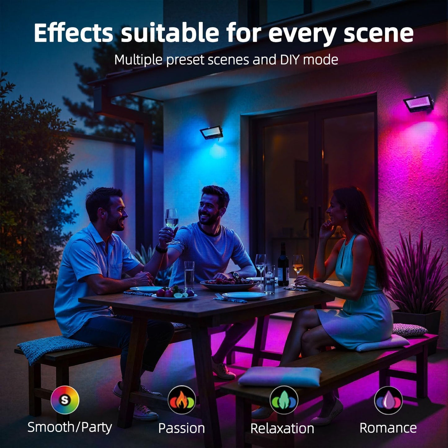 HEKEE LED Flood Light 50W RGB Color Changing 5000 Lumens, 2 Pack, Aluminum, IP66 Waterproof, Black/Clear
