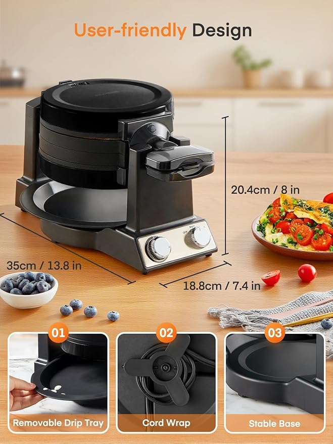FOHERE 2-in-1 Waffle Maker & Omelette Maker, 1400W Double Belgian Waffle Iron 180° Flip, Adjustable Browning Control, Rotating & Nonstick Pans, Removable Drip Tray, Cool Touch Handle (Dark Black)
