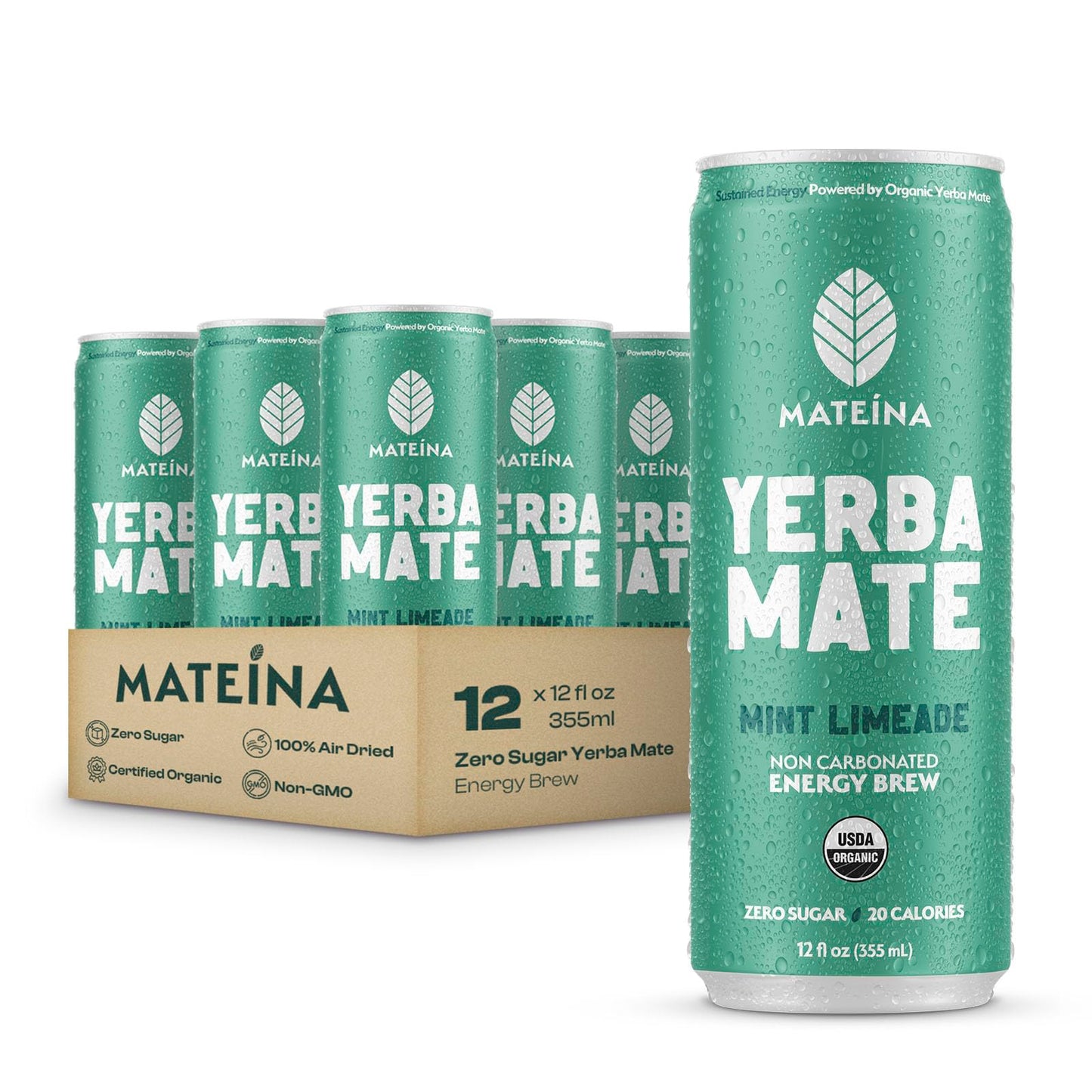 Mateina Yerba Mate Zero Sugar Energy Drink - 120mg Natural Caffeine - Organic Non-GMO Non-Carbonated - Dr. Andrew Huberman Recommended - 12 Pack (12oz Cans) (12 Pack Mint Limeade)