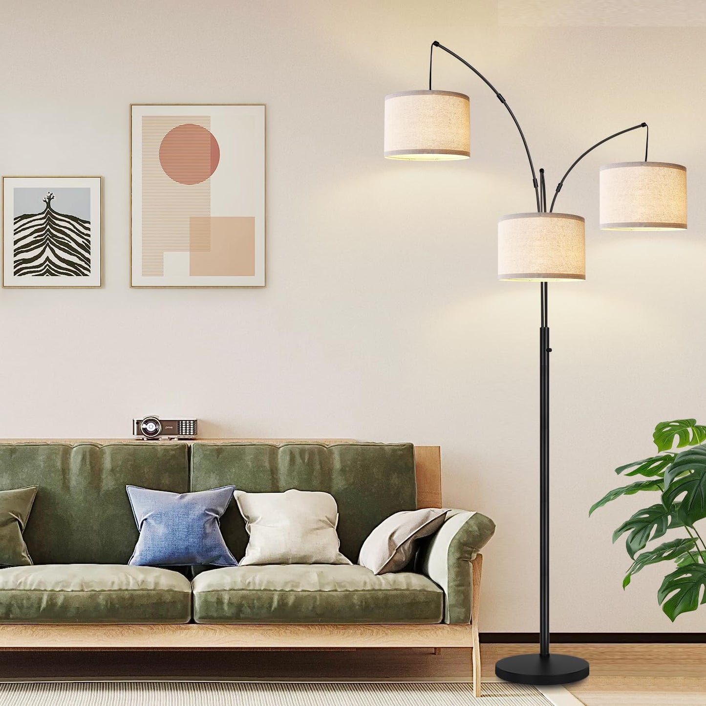 Nintiue Dimmable Floor Lamp - 3 Lights Arc Modern Tall Lamp, 1000LM, Matte Black with White Linen Shades, Model F1378