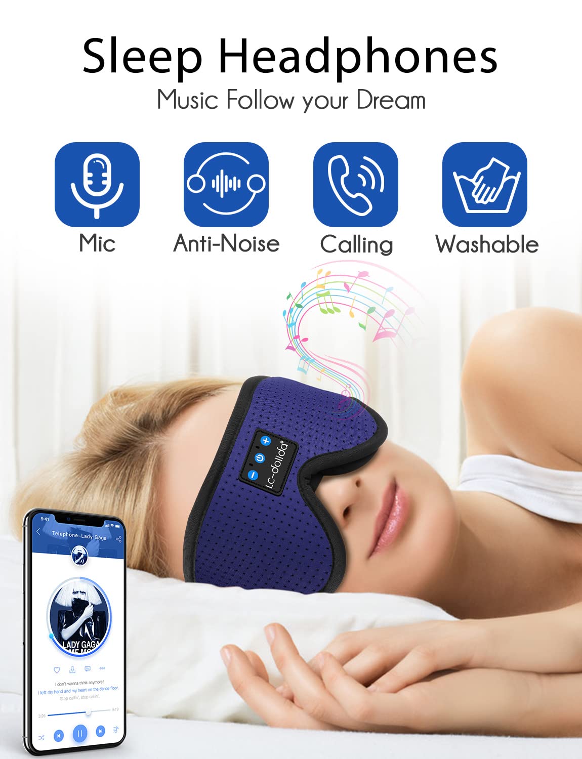 LC-dolida Sleep Headphones, Sleep Mask Bluetooth Wireless Music Eye Mask, Sleeping Headphones for Side Sleepers Sleep Mask with Bluetooth Headphones Ultra-Thin Stereo Speakers Perfect for Sleeping