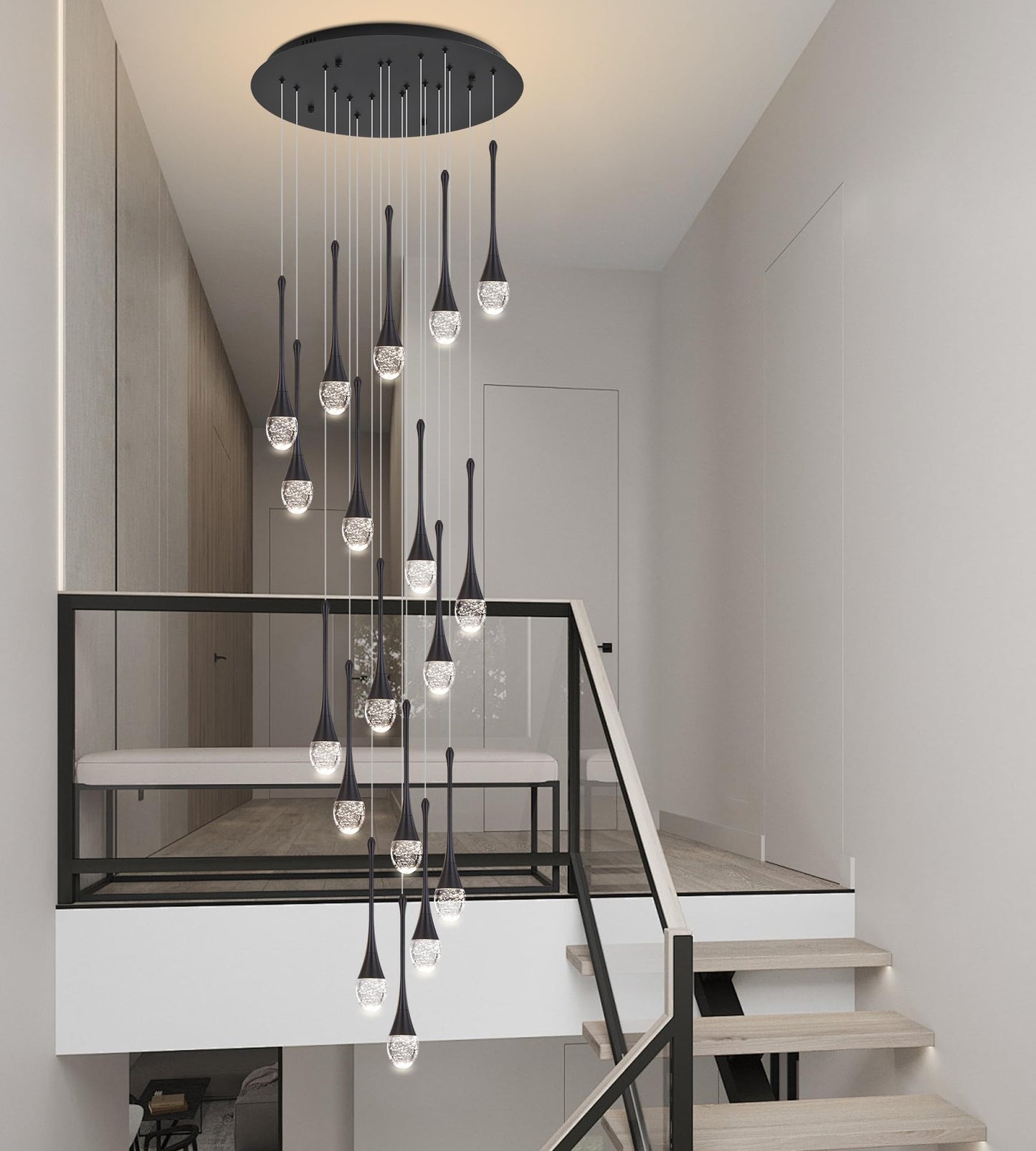 Upfelw Modern Crystal Chandelier 18 Lights Polished Black Large High Ceiling Spiral Dimmable LED Model UCC-B18-0436