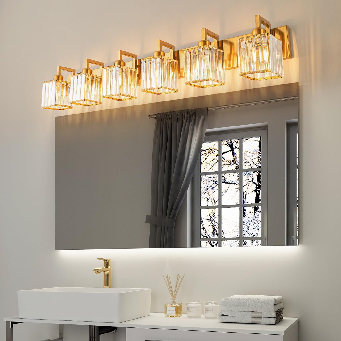 FDPBY Modern Crystal Bathroom Vanity Light - 6-Lights Gold Brushed Brass Finish Wall Lamp