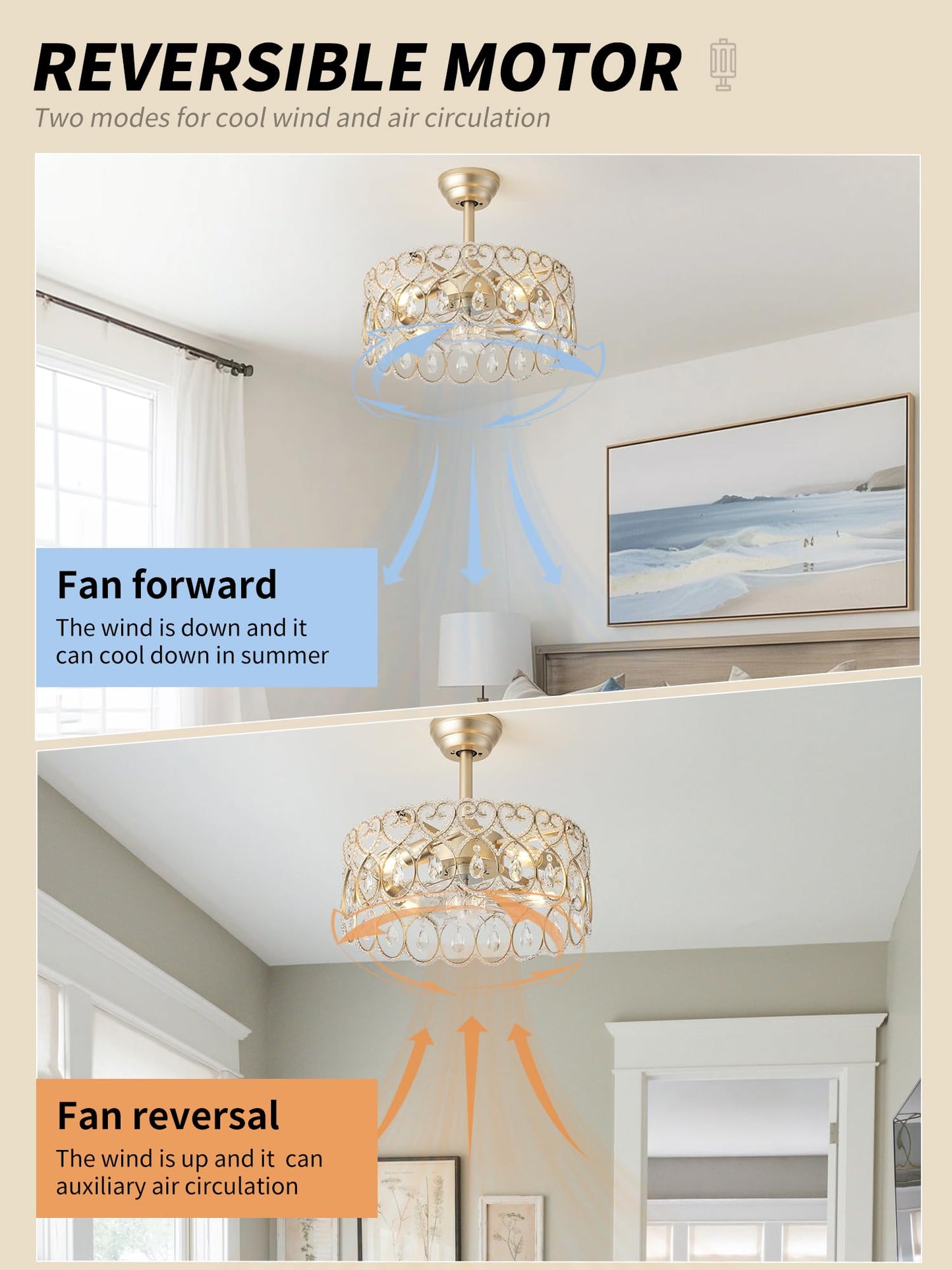 Sydacg 20 Gold Crystal Fandelier Ceiling Fans With Lights, Gold Chandelier Ceiling Fan With Light Remote Control, Mid-Century Mo
