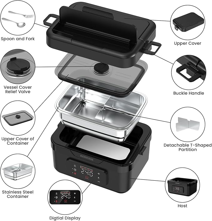 Electric Lunch Box - Rechargeable 75W Self-Heating Food Warmer with 6.3 Cups(1.5L) Stainless Steel Container, Heated Lunch Box For Office, Picnic, Car & Outdoor Use(Black)