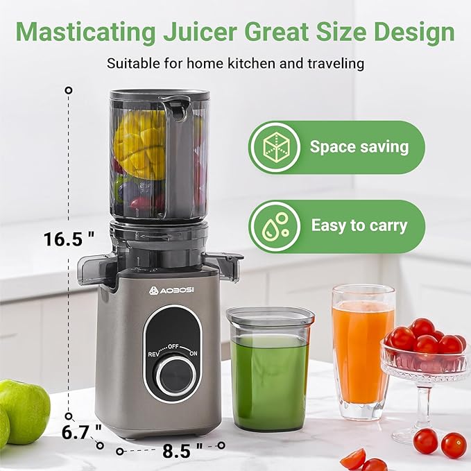 AAOBOSI Cold Press Juicer,4.35" Large Feed Chute Masticating Juicer Machines (Upgrade) High Juice Yield Slow Juice Extractor fit Fruits &Vegetables, Easy to Clean, New Designed for Home and Travel