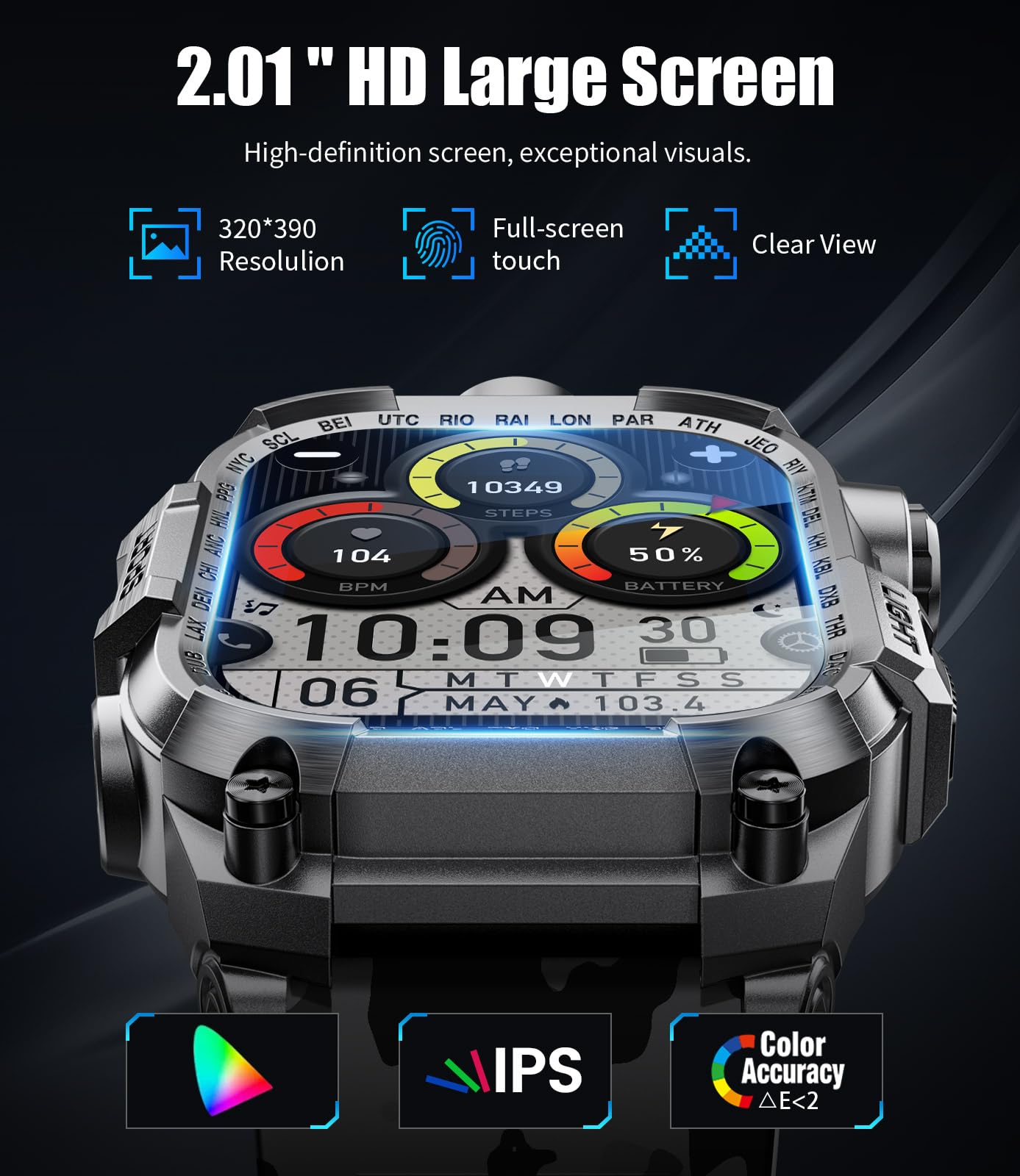 LIGE Military Smart Watch for Men(LED Flashlight), 2.01" Rugged Smartwatch, 100+ Sports Fitness Tracker Watch, 700mAh Long Battery/Bluetooth Call/Sleep/IP68 Smart Watch for Android iOS Compatible