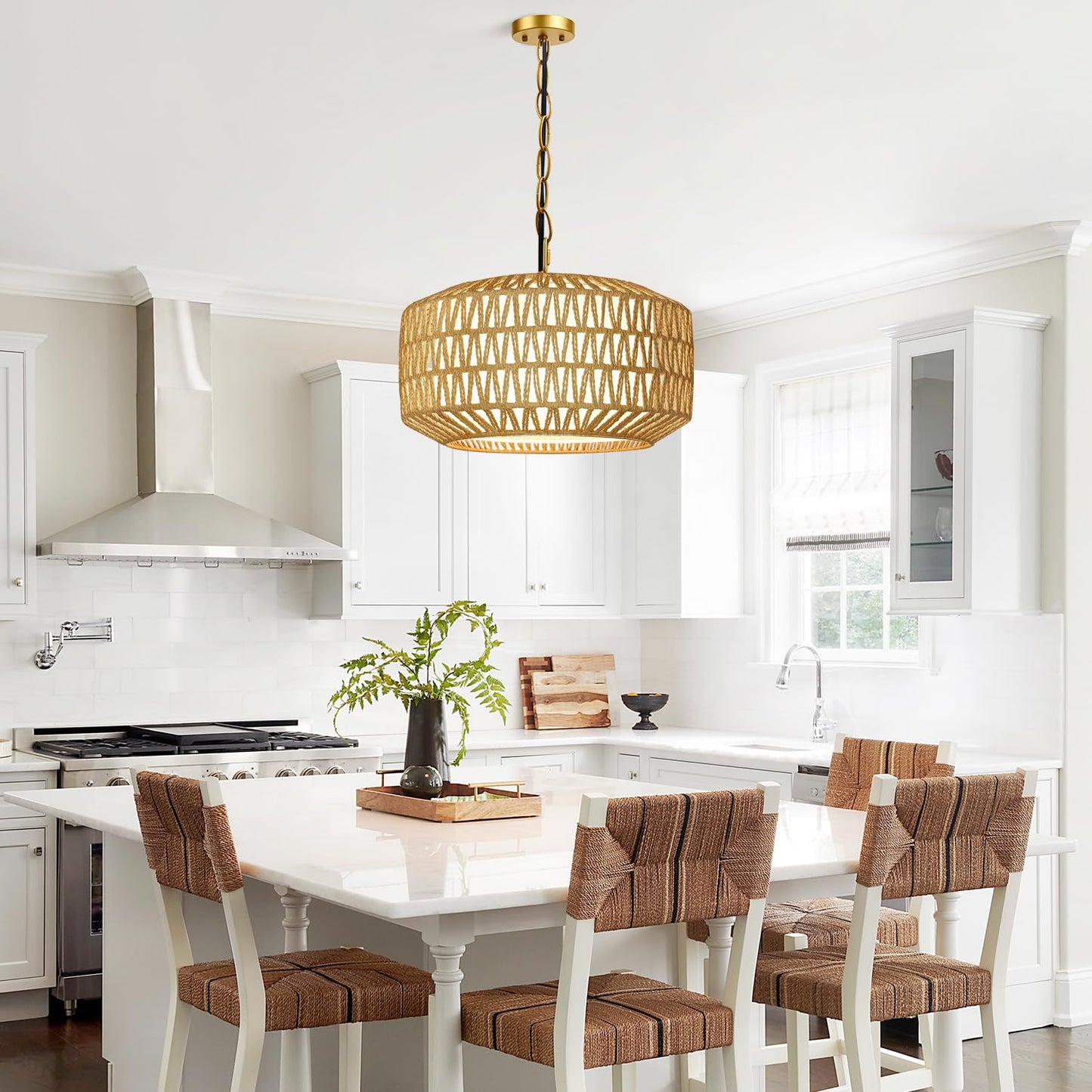 Farmhouse Gold Chandelier Light Fixture 5-Light Rustic Boho Chandeliers With Rattan & Linen Shade Gold Hanging Lighting For Dining Room Kitchen Island Bedroom (Bulbs Not Included)