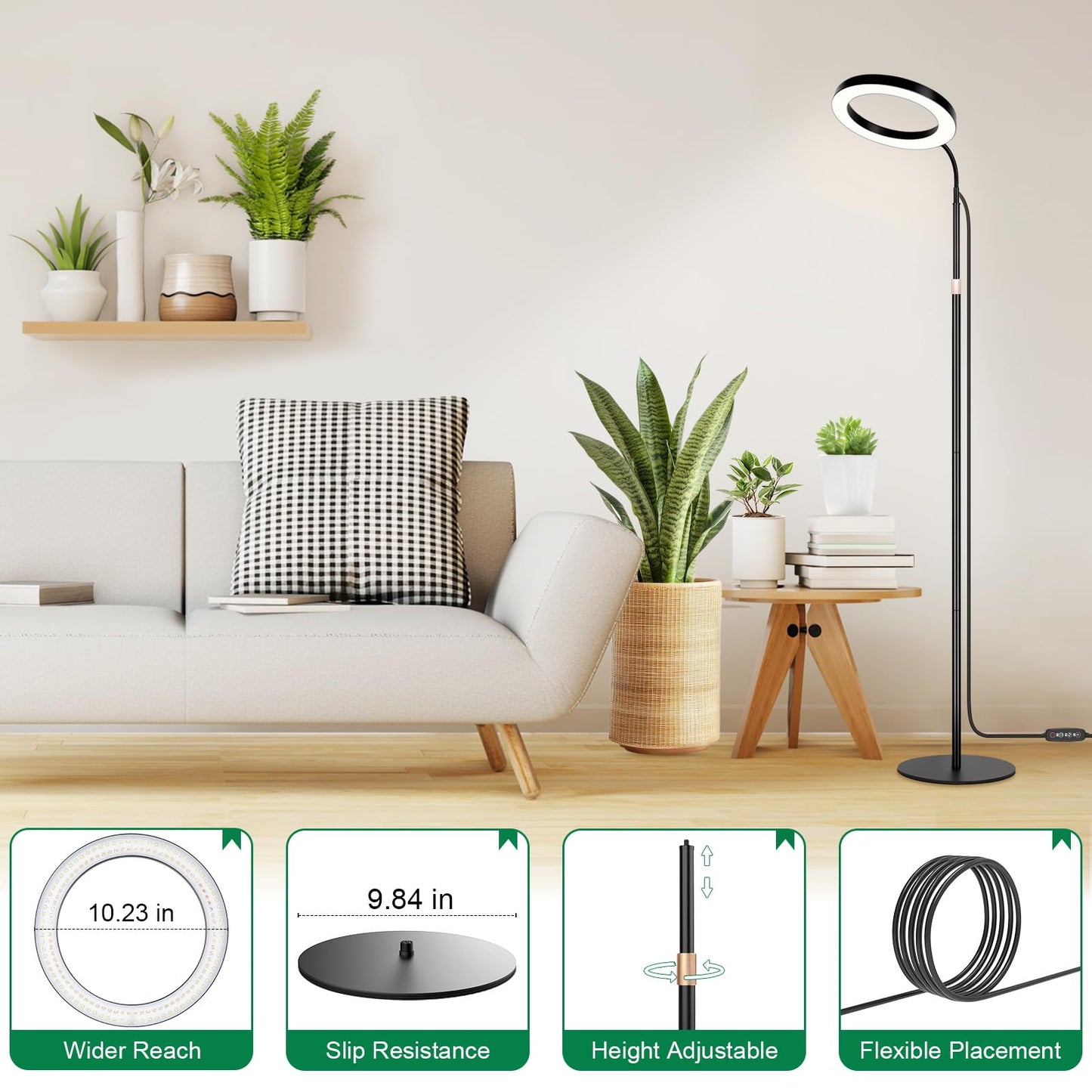 LBW Grow Light for Indoor Plants, Full Spectrum, 10.2in Diameter, Adjustable Height 47.2-63in, Black, Model A0208