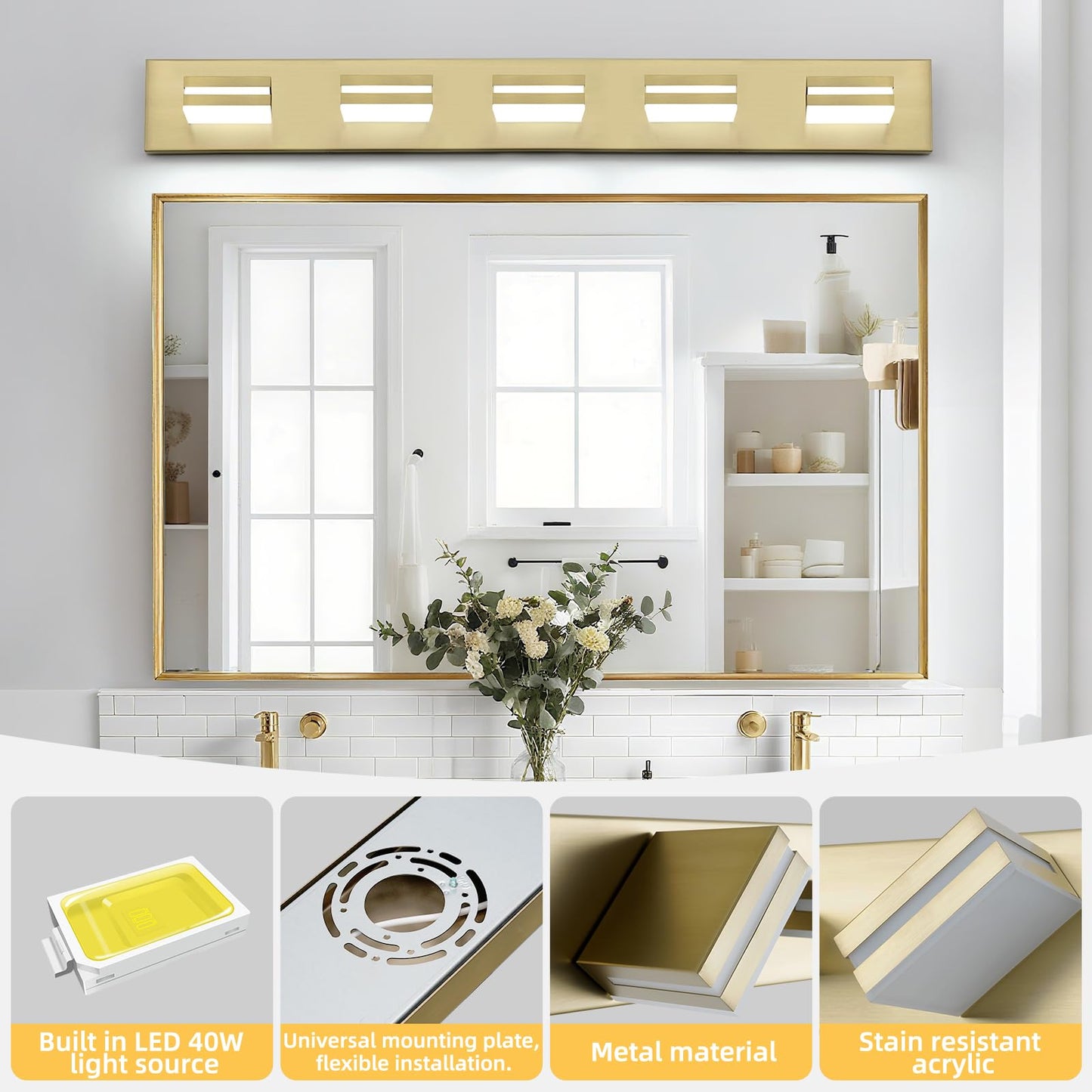OKELI 5-Light Bathroom Vanity Light Dimmable LED 32W 36.2 Inch Gold Modern Over Mirror, Model OK-9553-5T-GL