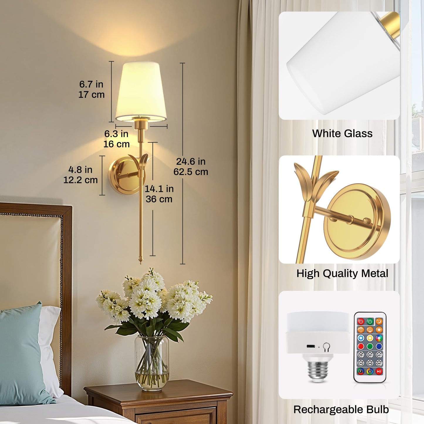 DORESshop Battery Operated Wall Sconce Set of 2, 24.6in Brass Metal Wireless Light for Bedroom, Living Room, Model 46d49f14-8aee-