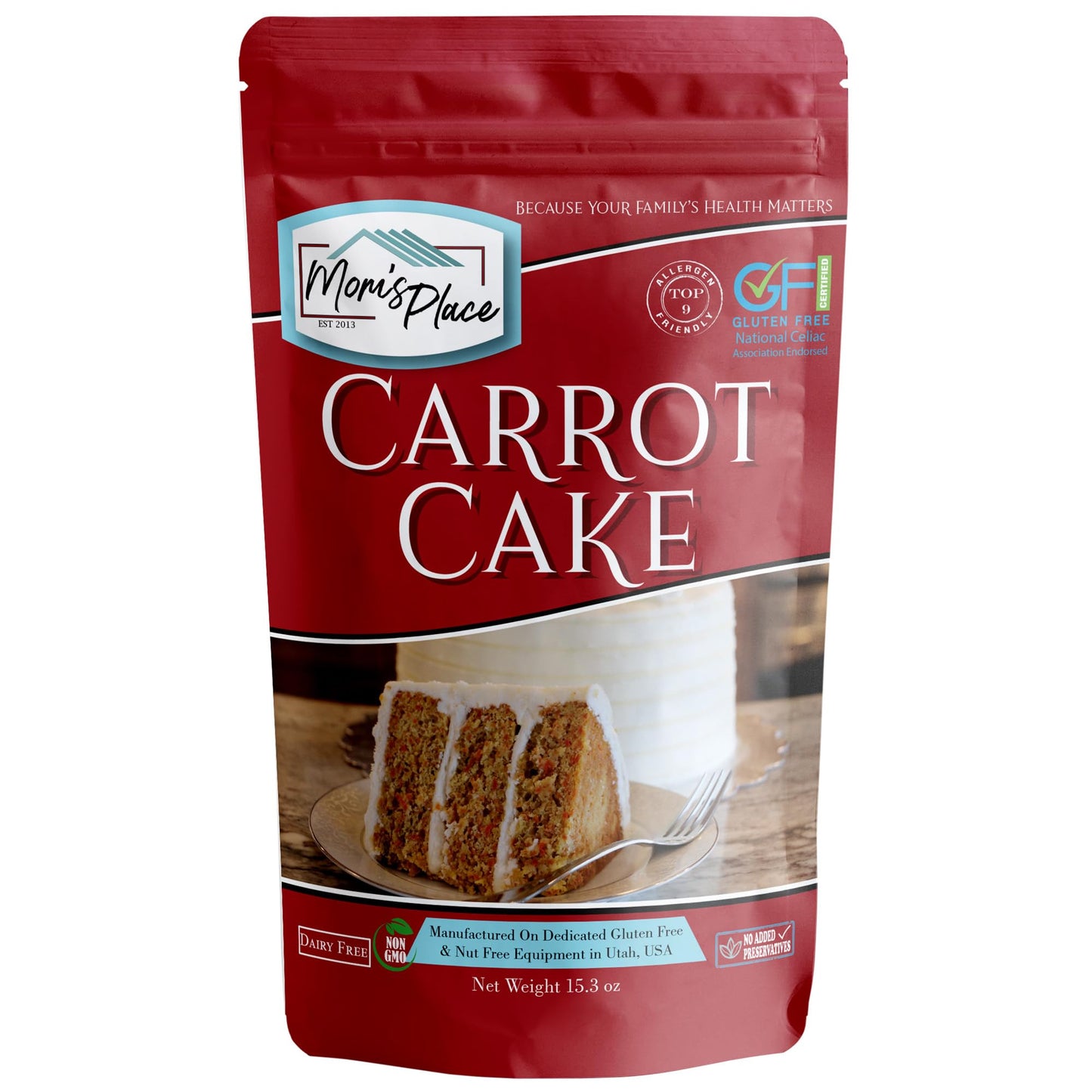 Moms Place Gluten-Free Carrot Cake Mix - Moist Spiced and Dairy-Free - Allergen-Friendly Non-GMO Easy to Prepare 15.3 Oz