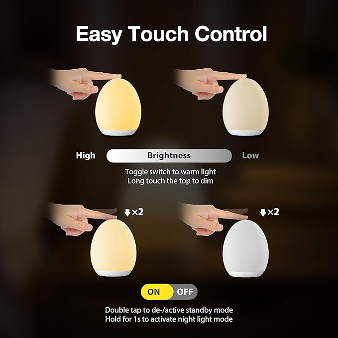 JolyWell Night Light for Kids, Baby Egg Light with 7 Colors Changing Mode & Stepless Dimming, Nursery Night Lamp BPA Free,Rechargeable Egg Night Light for Breastfeeding 1h Timer & Touch Control, Wood