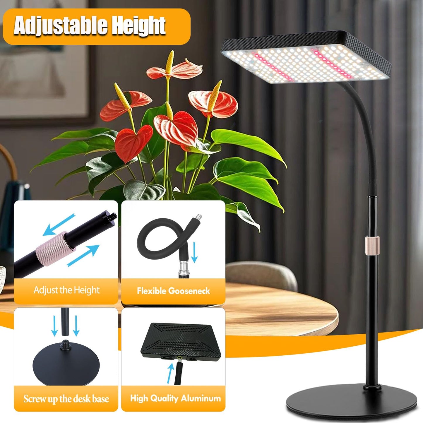 GroCruiser Smart Control Tabletop Grow Light, Full Spectrum, 25W, Adjustable Timer, 16in-24in Height, Black Tripod Stand, Model Zinqolay
