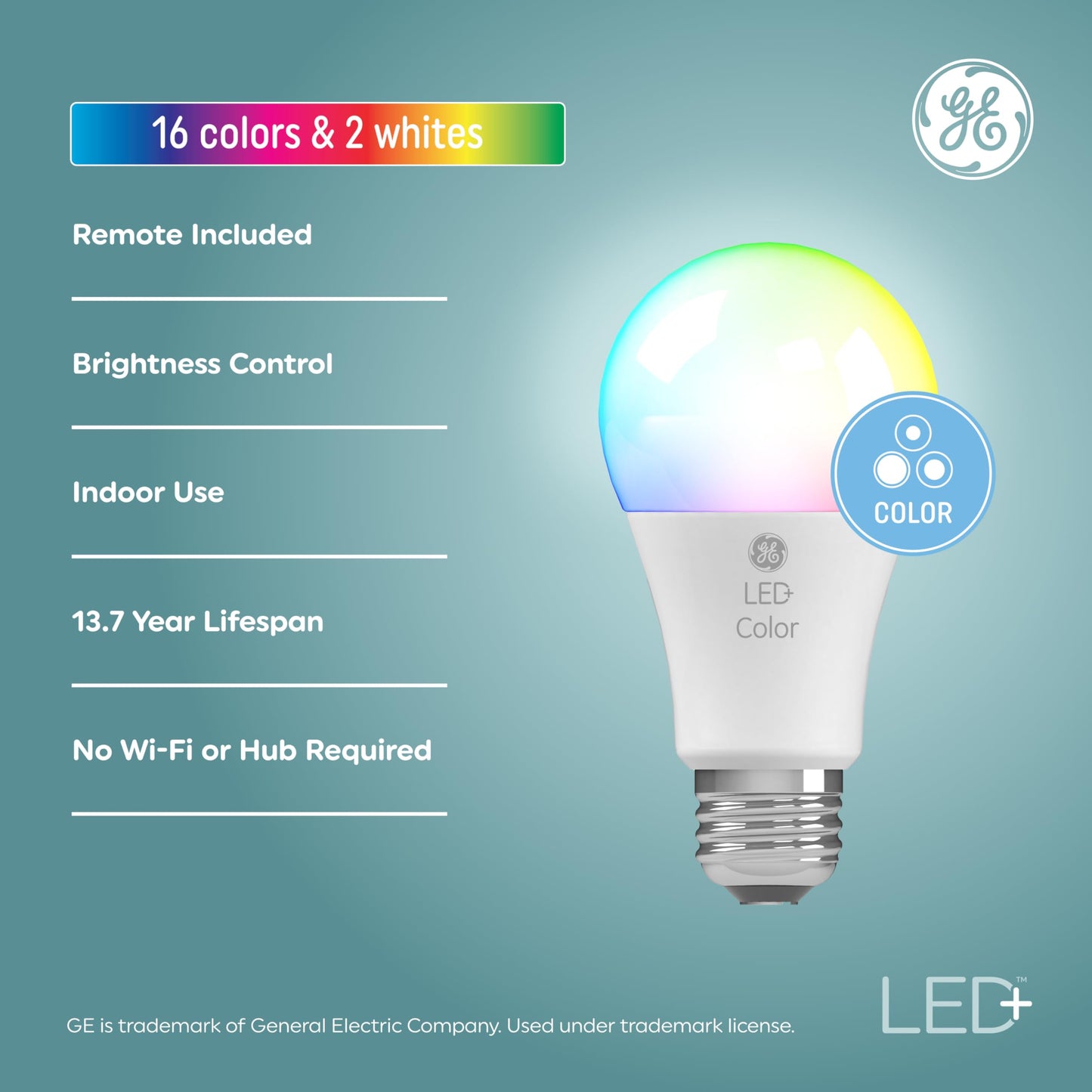 GE LED+ Color Changing LED Light Bulbs with Remote, No App or Wi-Fi Required, A19 Bulbs, CA Compliant (2 Pack)