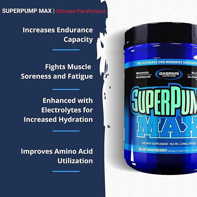 Gaspari Nutrition SuperPump MAX, The Ultimate Pre Workout Powder, Sustained Energy Preworkout, Nitric Oxide Booster, Muscle Growth, Recovery & Replenishes Electrolytes (40 Serving, Blue Raspberry Ice)