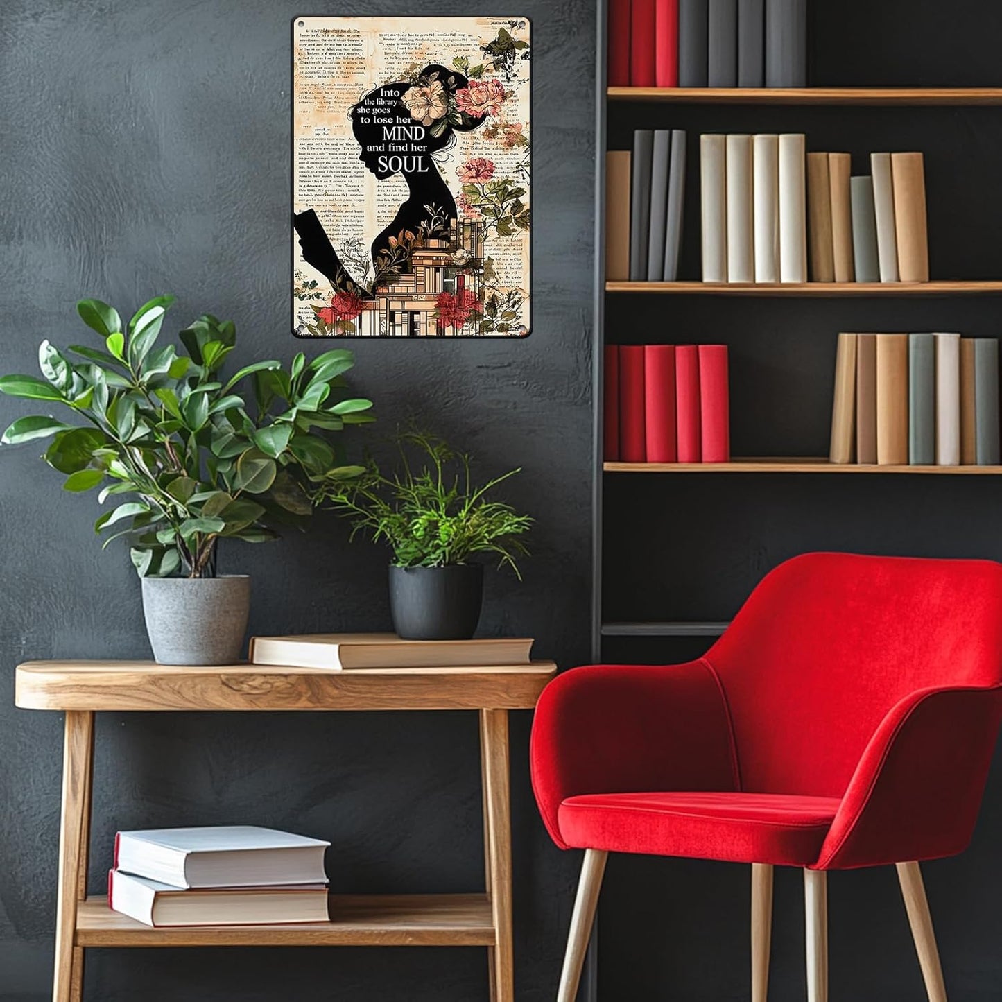 Girl Reading Book Vintage Metal Iron Tin Sign Into The Library She Goes To Lose Her Mind And Find Her Soul Retro Wall Decor Poster Home School Library Coffee Shop Club 12x16 Inch