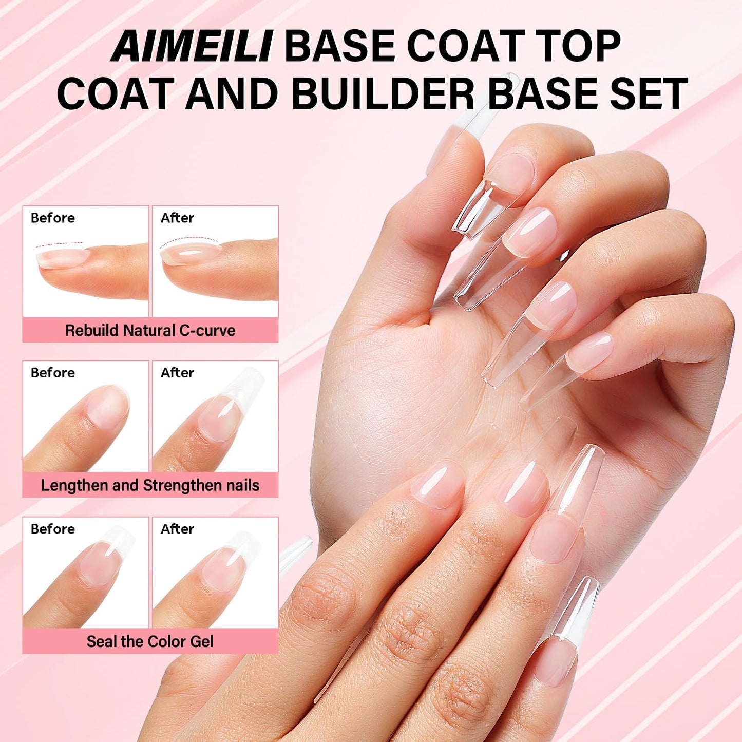 AIMEILI Builder Nail Gel, Base Coat, and No Wipe Top Coat Kit Set 3 Pcs 10ML Soak Off U V LED Gel Nail Polish