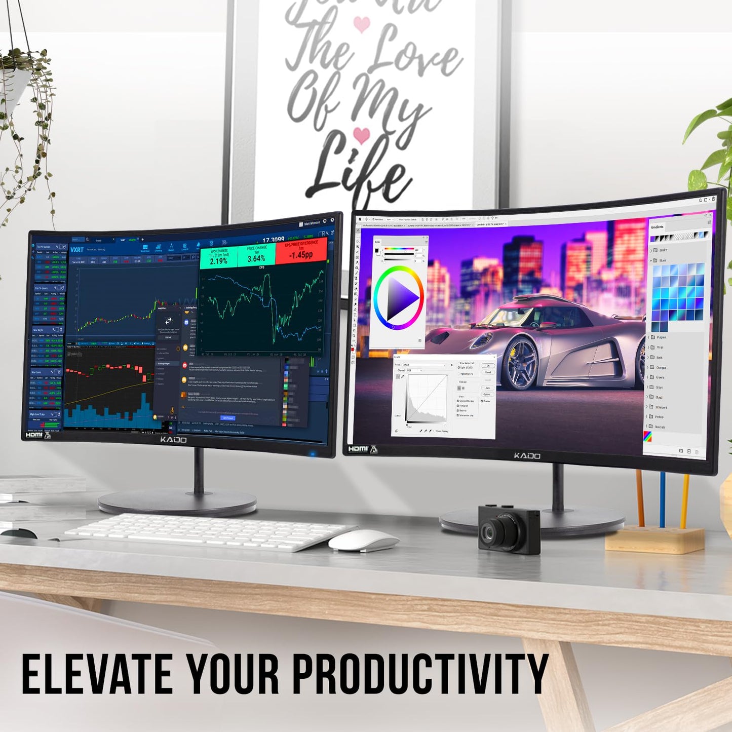 Kado Dual Monitor Setup - 2-Pack 27" Curved 1920x1080 Computer Monitor 1500R 75Hz VESA Mount HDMI Office Gaming Hybrid Built-in Speakers (C27X Dual Series)