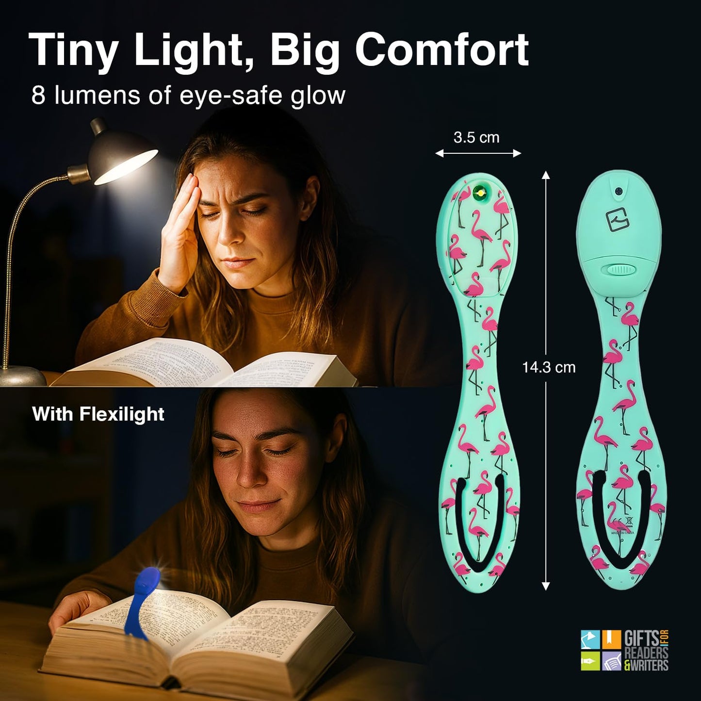 Gifts for Readers & Writers Flexilight Reading Light | LED Clip-On Bookmark Lamp | Battery Operated | Flamingo