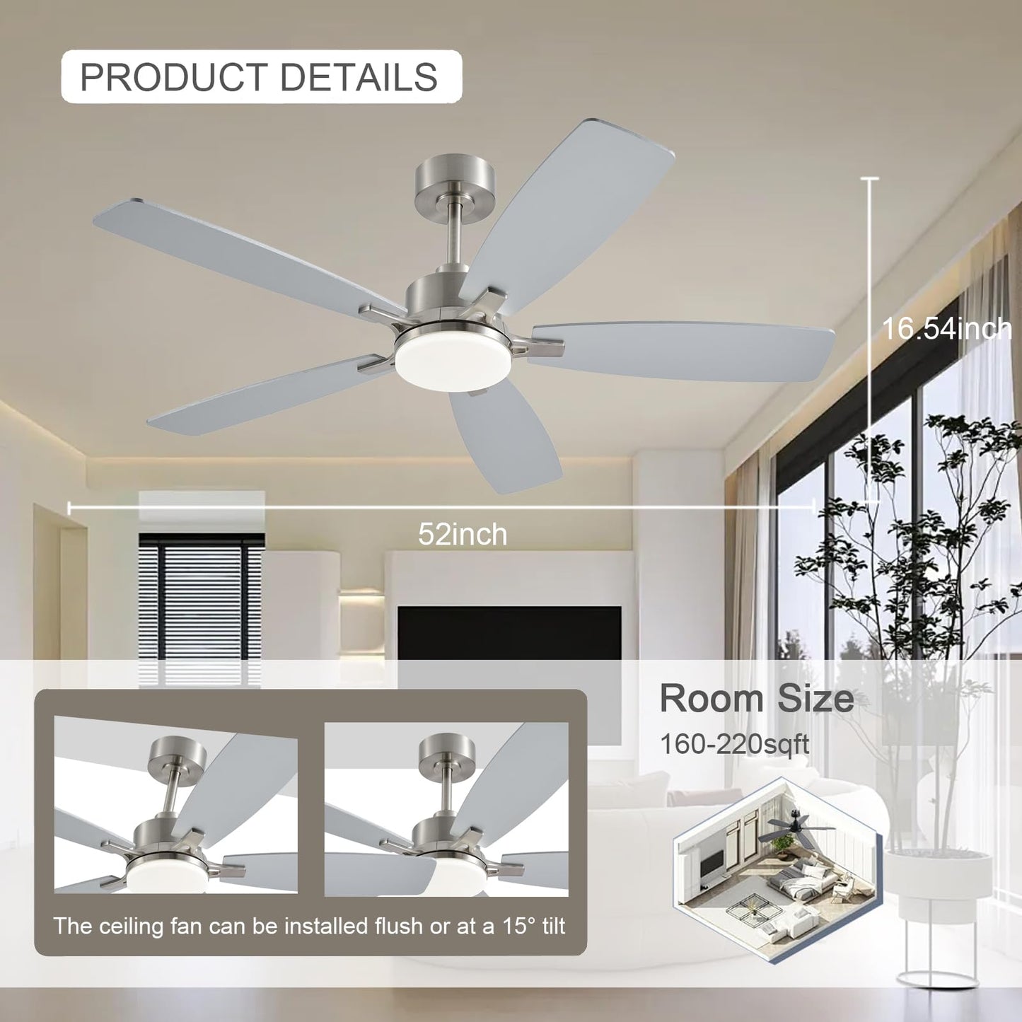 Nkpu Ceiling Fans With Lights, 52 Inch Low Profile Ceiling Fan With Light And Remote Control, 2 Downrods, Dc Reversible Motor, D